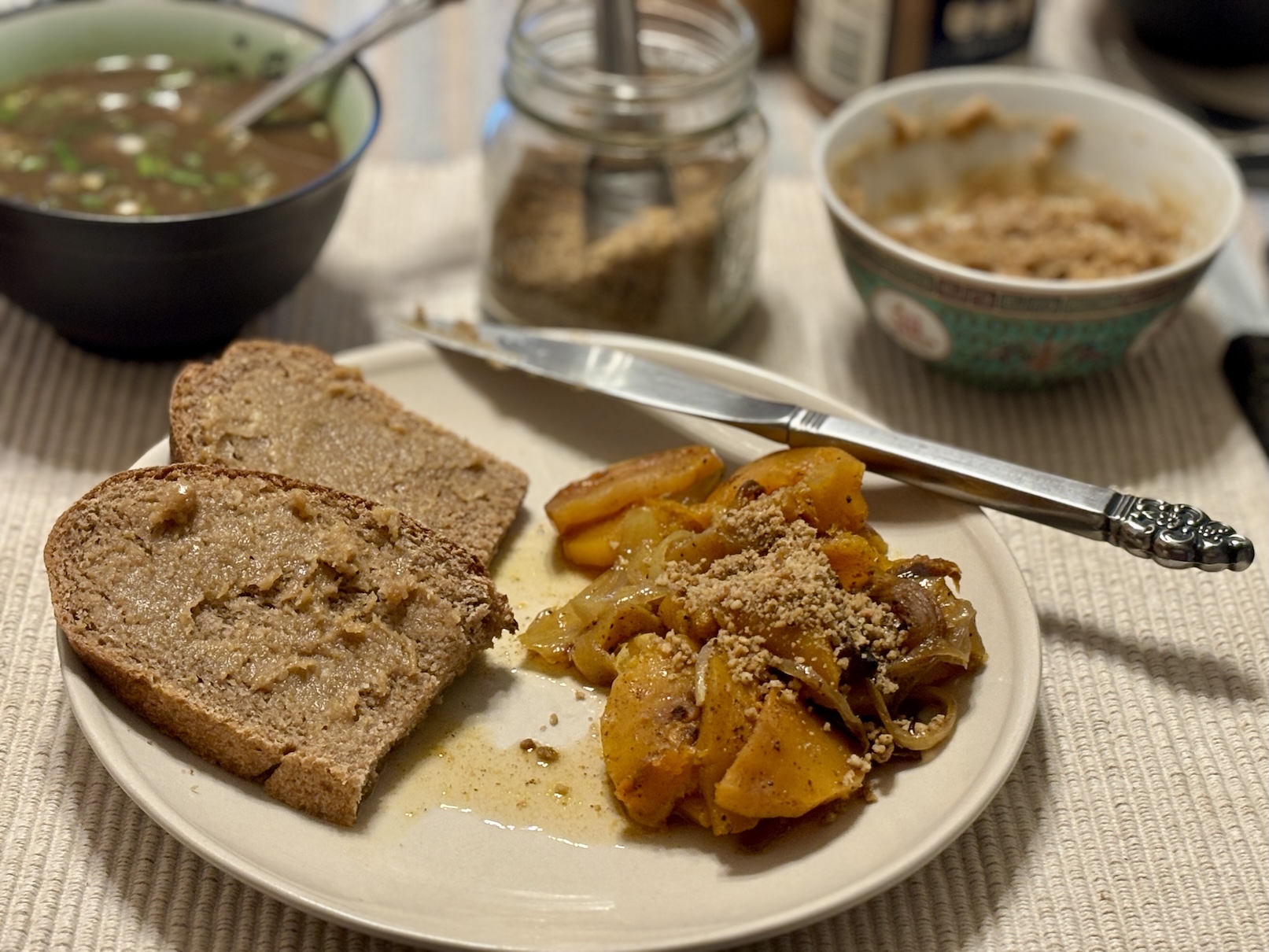 Breakfast of Homemade Whole Wheat Sourdough Bread w/ Miso Tahini Spread, Bean Soup, & Butternut Squash, Apple &  Red Onion w/ Black Walnut-Salt Breakfast of Homemade Whole Wheat Sourdough Bread w/ Miso Tahini Spread, Bean Soup, & Butternut Squash, Apple &  Red Onion w/ Black Walnut-Salt