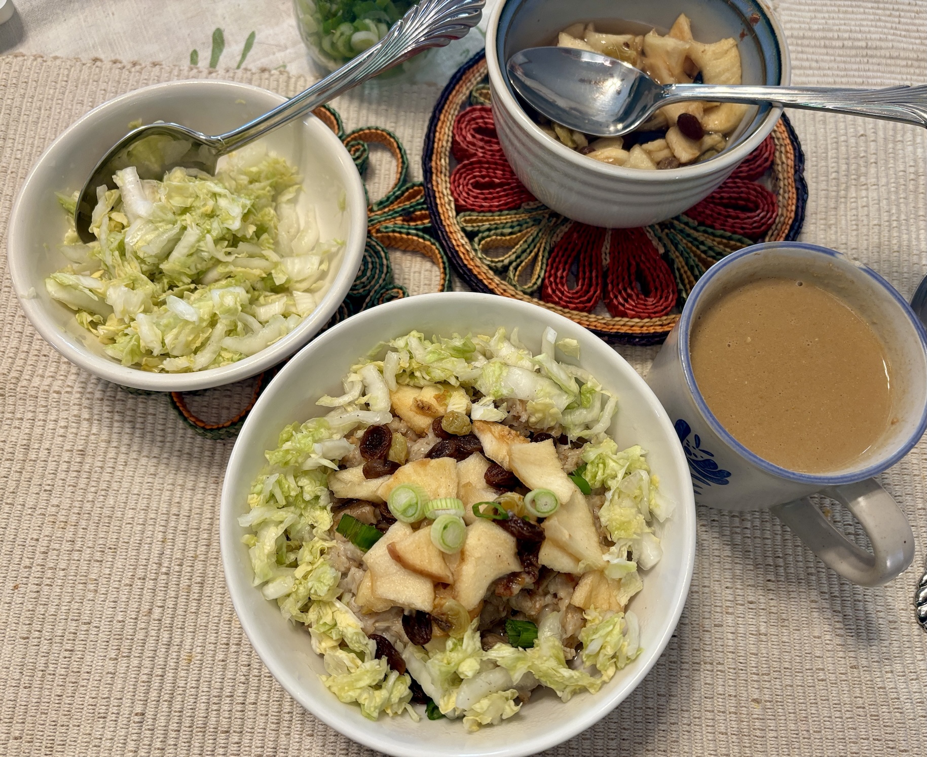 Oat Millet Porridge with Pressed Napa Cabbage, & Rehydrated Apples with Raisins Oat Millet Porridge with Pressed Napa Cabbage, & Rehydrated Apples with Raisins