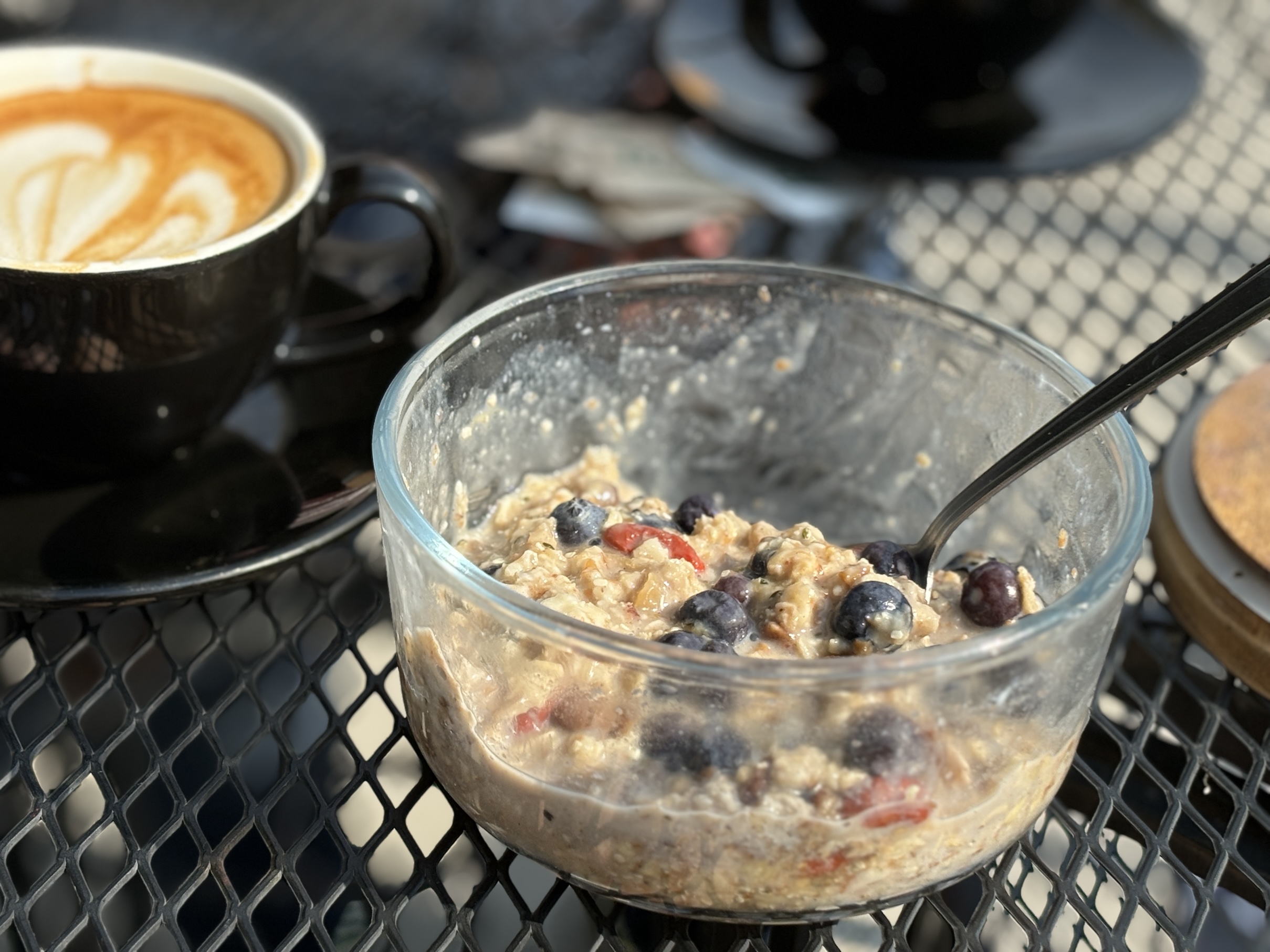 BF Overnight Oats taken to-go to enjoy at a local coffee house outdoors with a decaf soy latté BF Overnight Oats taken to-go to enjoy at a local coffee house outdoors with a decaf soy latté