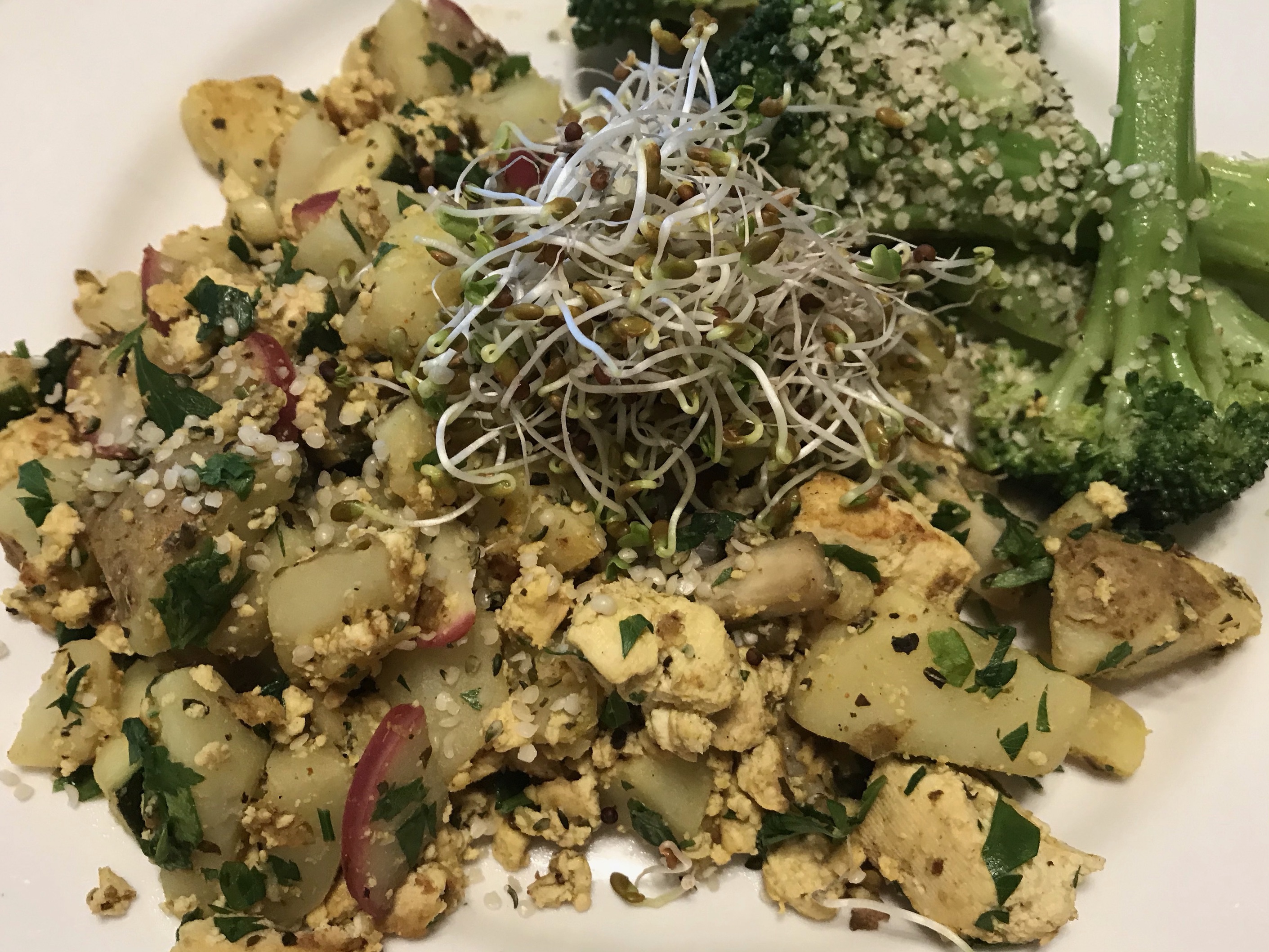 Tofu Scramble Method #2 with Broccoli, Potatoes & Sprouts