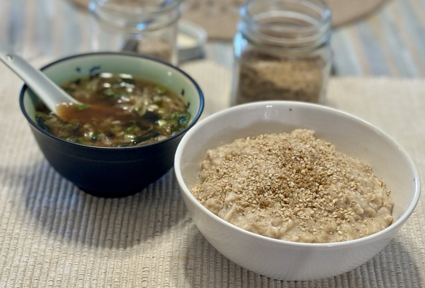 Oat Barley Porridge with Miso Soup and Walnut & Sesame Gomashio 