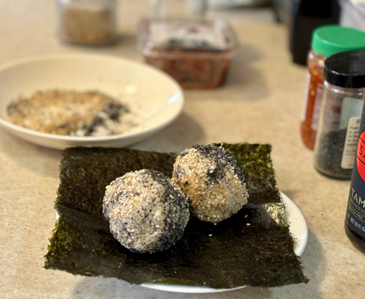 Brown Rice Balls rolled in Gomashio Sesame Salt on Nori