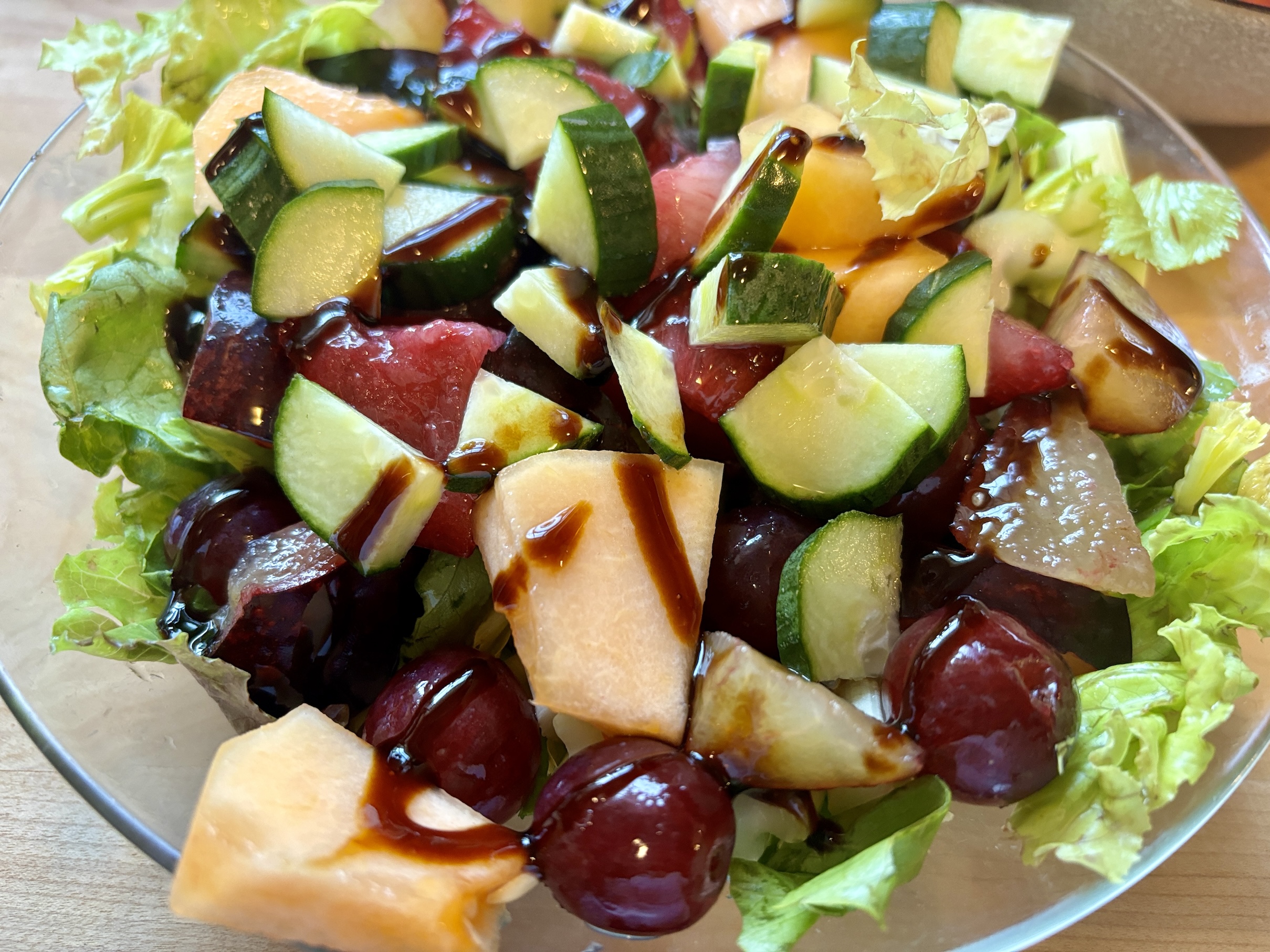 Breakfast Fruit Salad with fresh fruit, lettuce, cucumbers & a balsamic glaze Breakfast Fruit Salad with fresh fruit, lettuce, cucumbers & a balsamic glaze