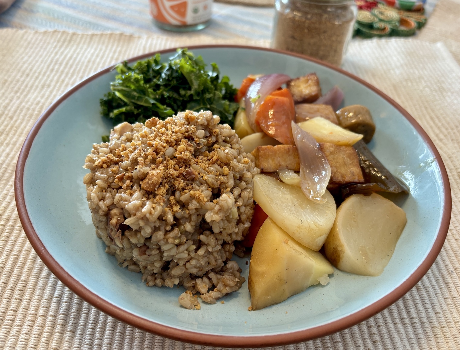 Macrobiotic Meal of Brown Rice with Walnut-Salt, Nishime Root Vegetables & Kale