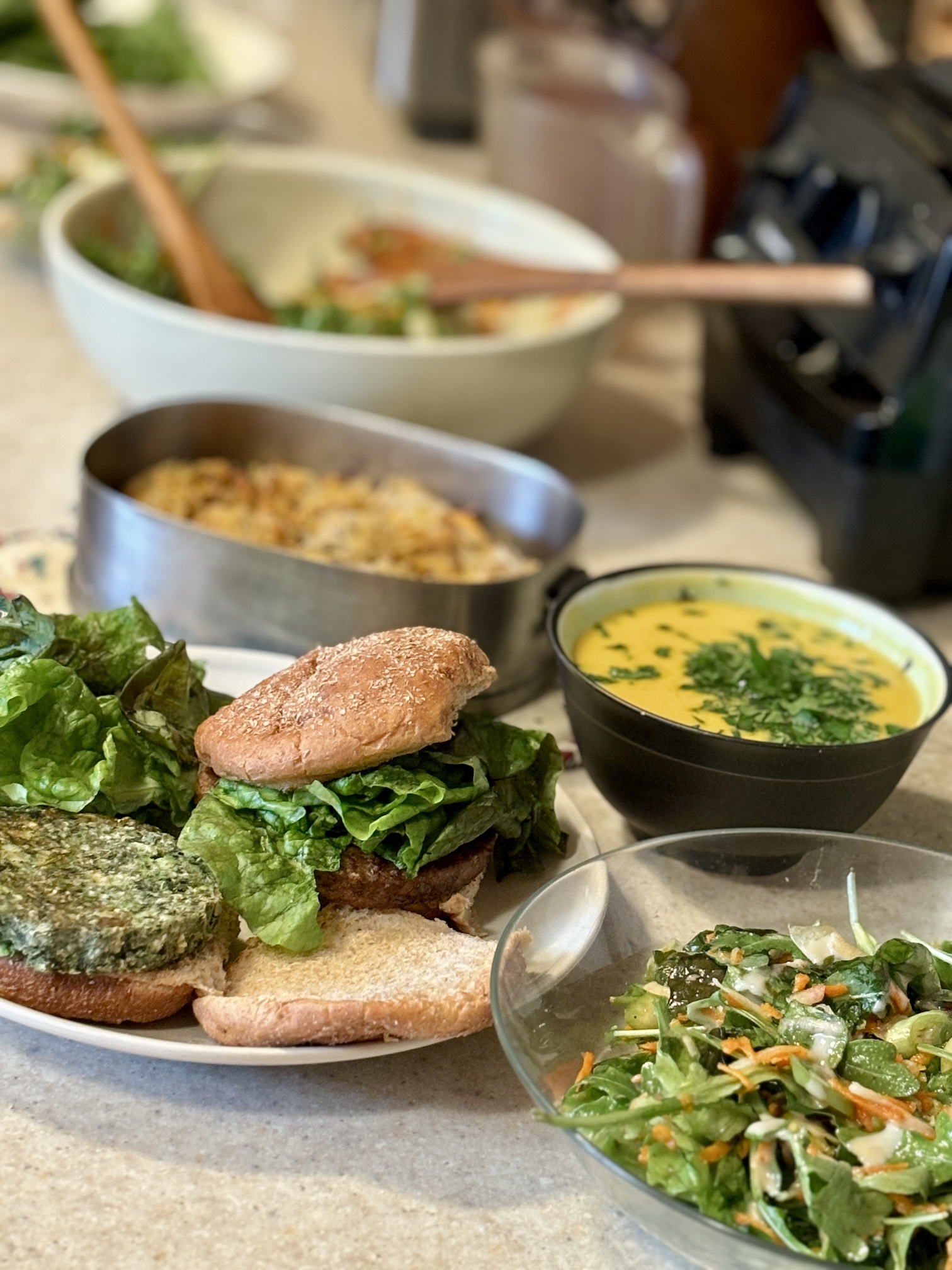 Meal of Veggie Burgers, Easy Baked Hash Browns, Soup & Salad-2