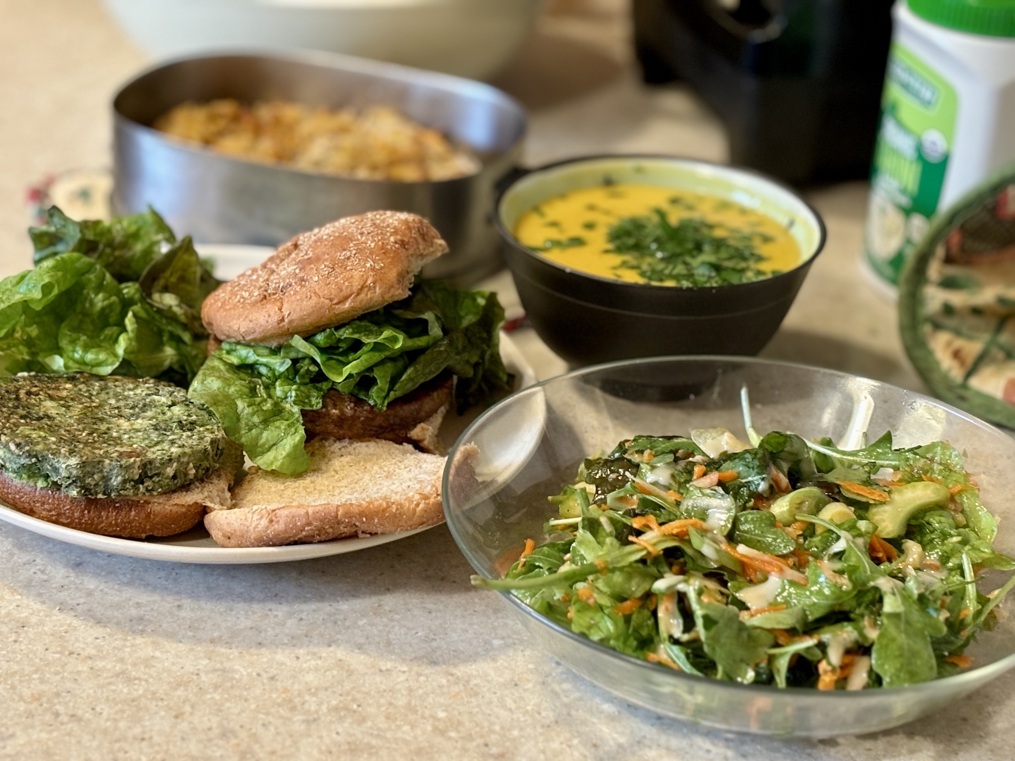 Meal of Veggie Burgers, Easy Baked Hash Browns, Soup & Salad
