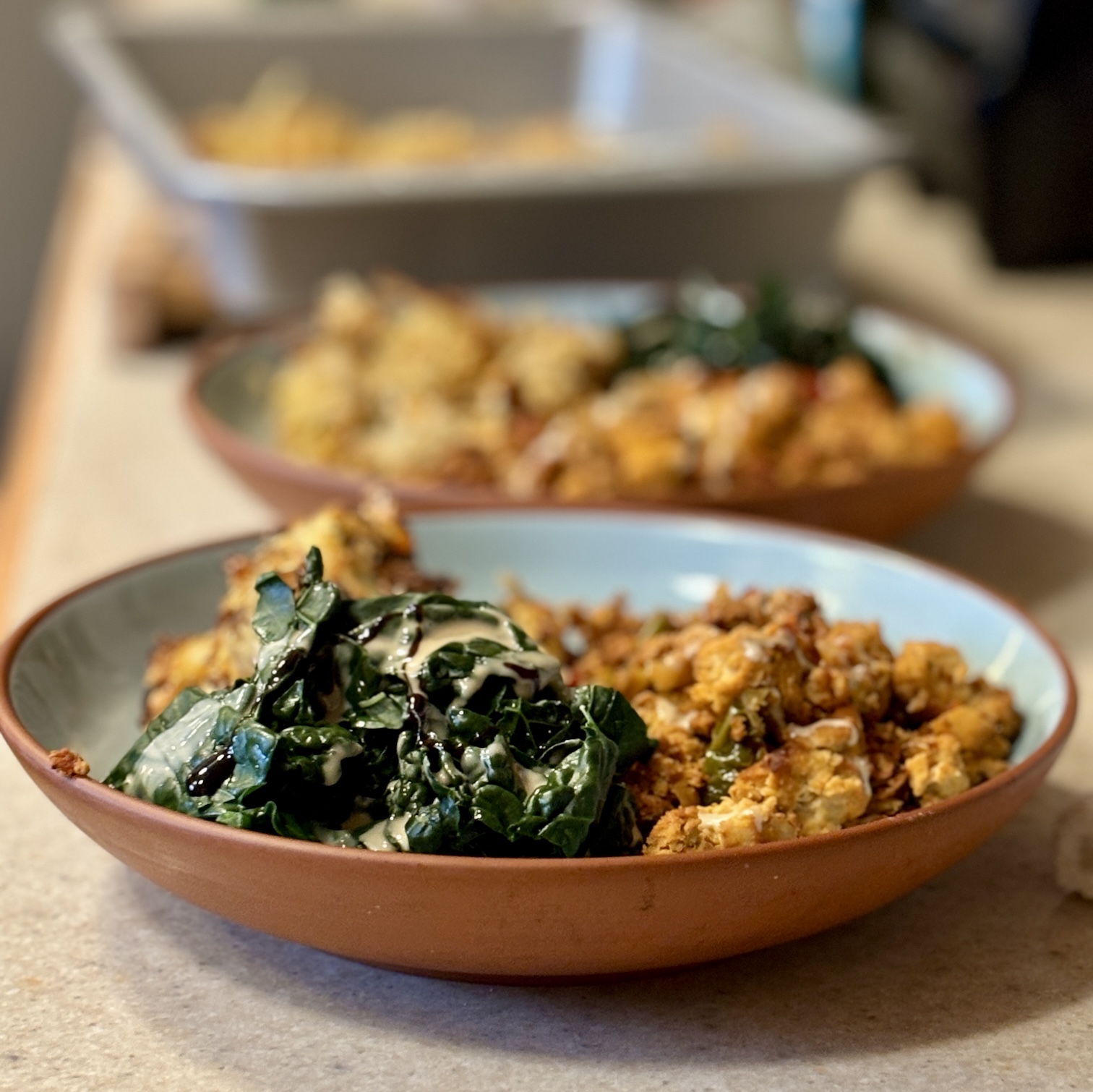 Meal of Easy Baked Tofu & Hash Browns with Greens & Whole Wheat English Muffin