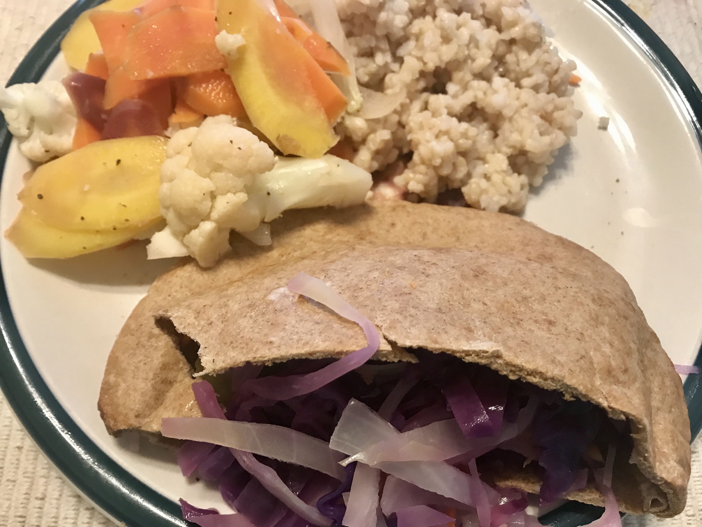 Steamed Colorful Carrots and Cauliflower with Falafel in Whole Wheat Pita Steamed Colorful Carrots and Cauliflower with Falafel in Whole Wheat Pita