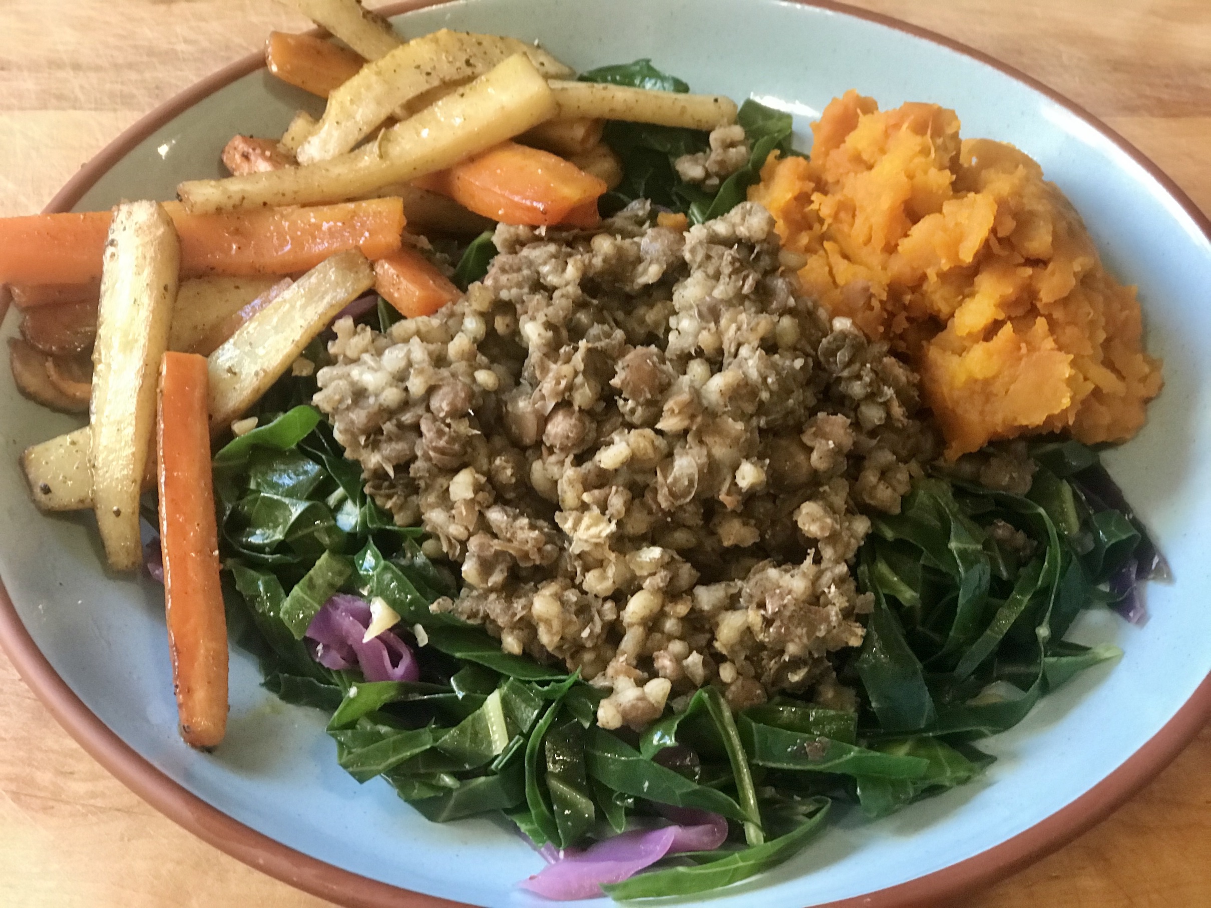 Meal with Brown Rice & Lentil, Roasted Parsnip & Carrots & Squash