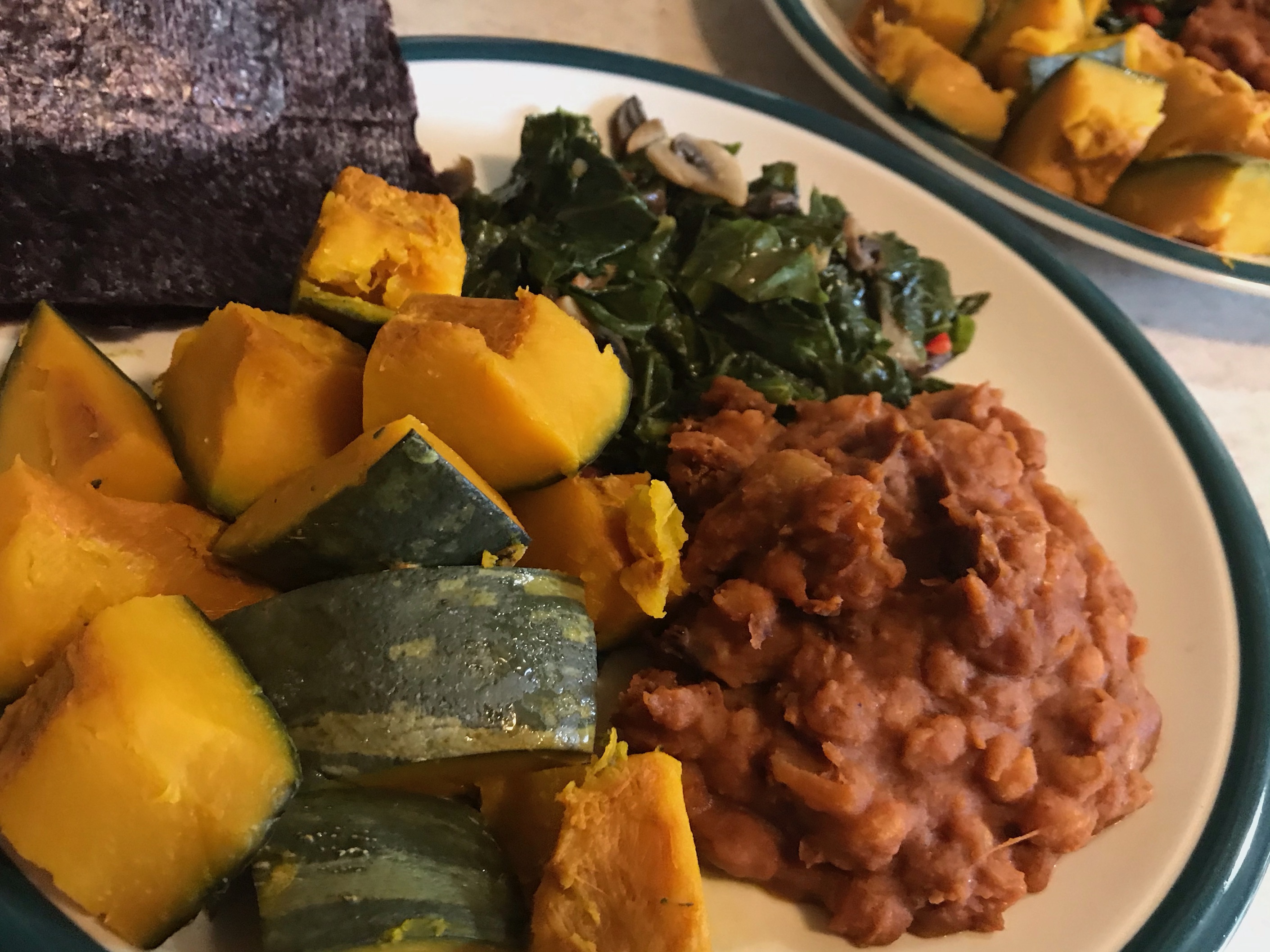 Meal of Baked Kabocha Squash, Baked Beans, Turnip Greens & Nori Seaweed