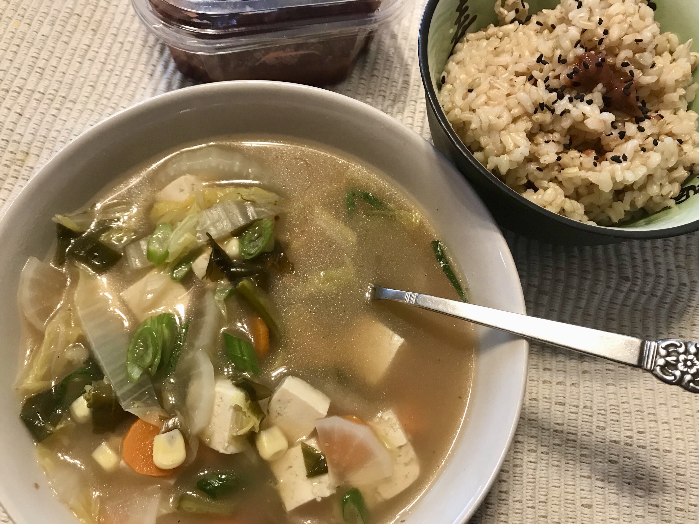 Macrobiotic Breakfast of Miso Tofu Vegetable Soup & Brown Rice with Umeboshi Plum Paste