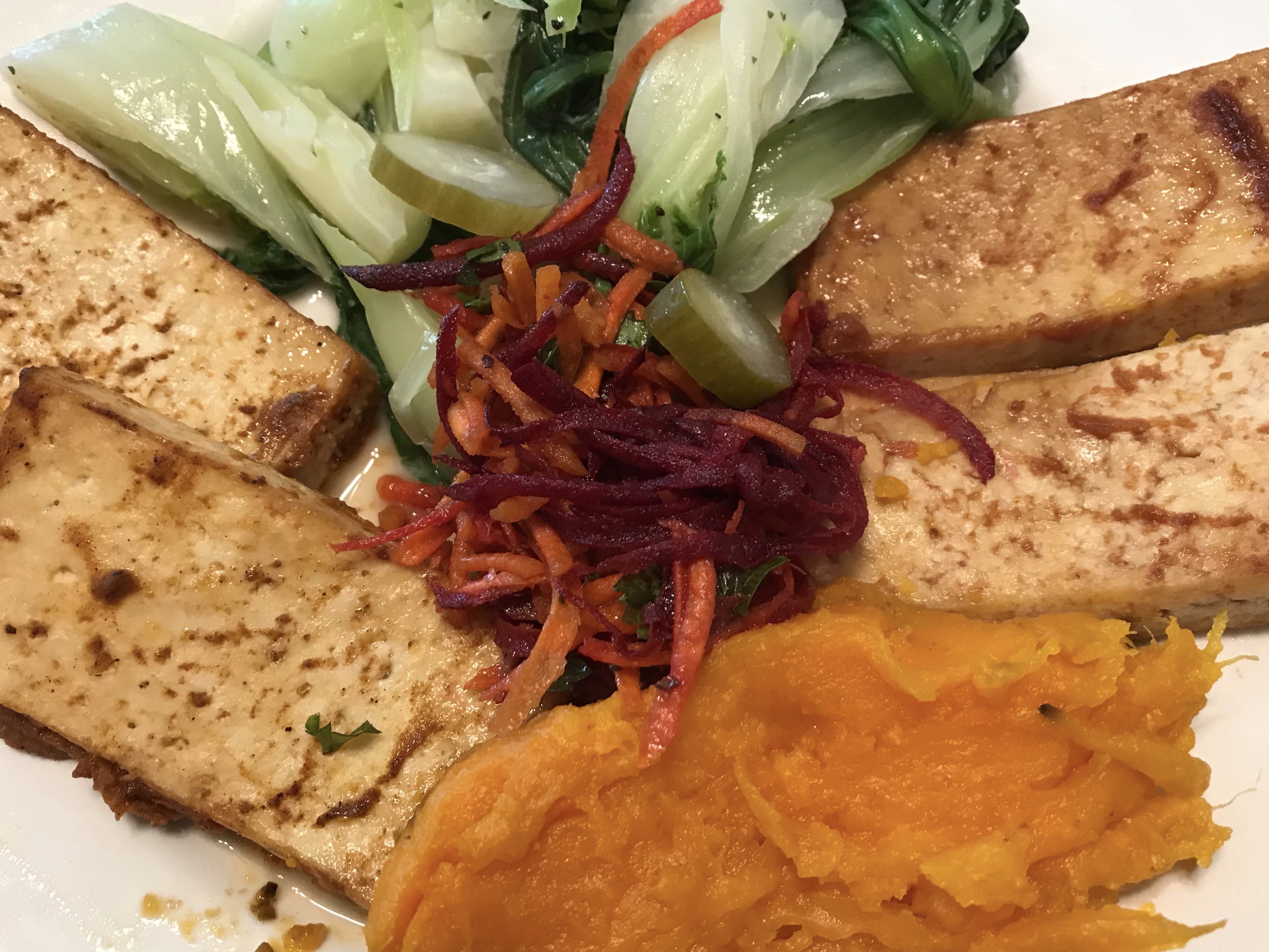 Vegan Plant-Based Meal with Marinated Baked Tofu, Sweet Potatoes, Baby Bok Choy & Carrot Beet Salad Vegan Plant-Based Meal with Marinated Baked Tofu, Sweet Potatoes, Baby Bok Choy & Carrot Beet Salad