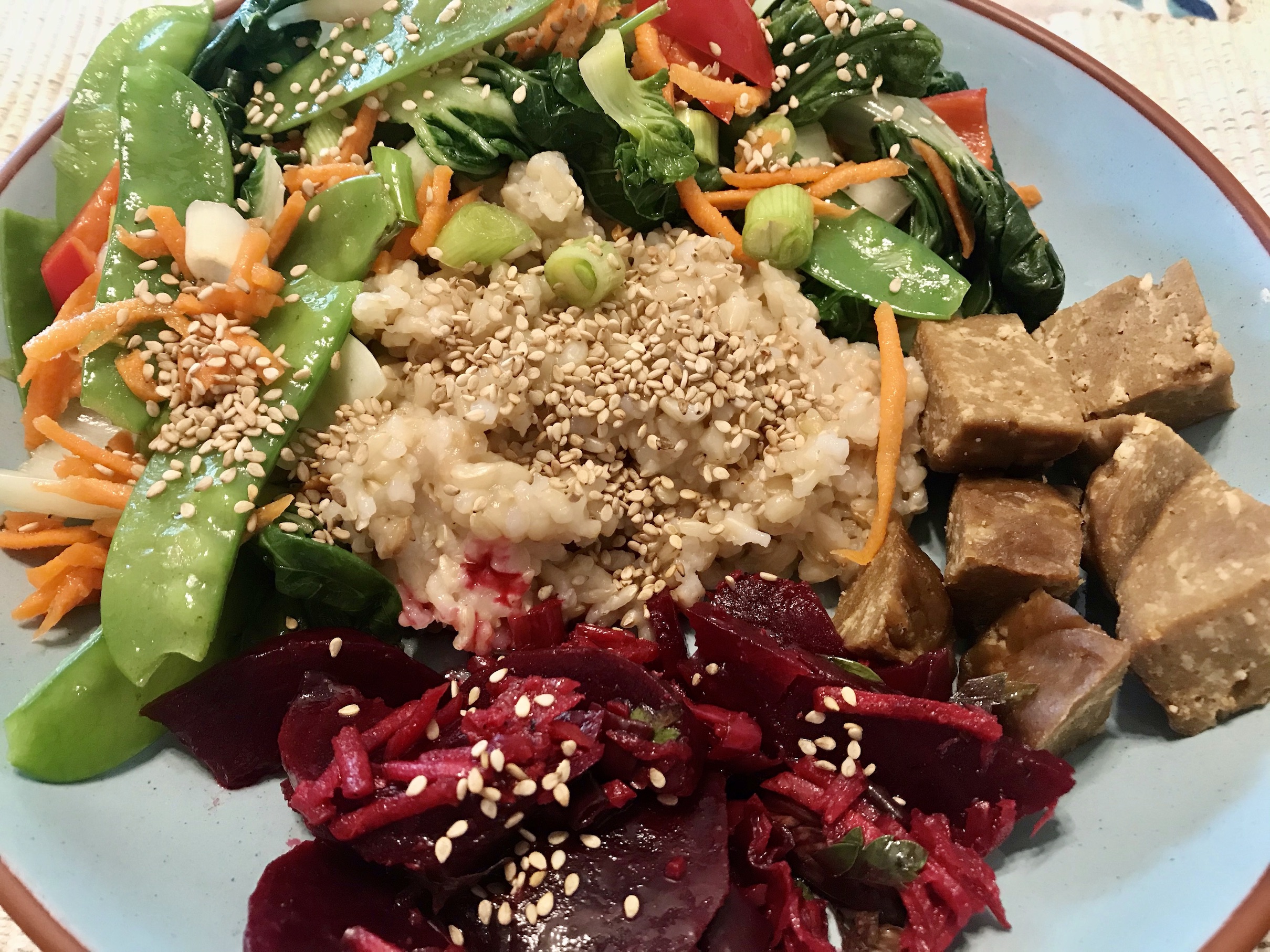Brown Rice, Homemade Tofu Seitan Loaf, Beets, Veggies