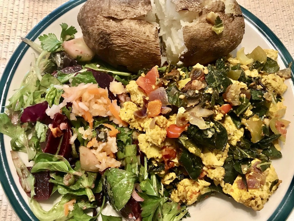Tofu Scramble, Salad, Baked Potato