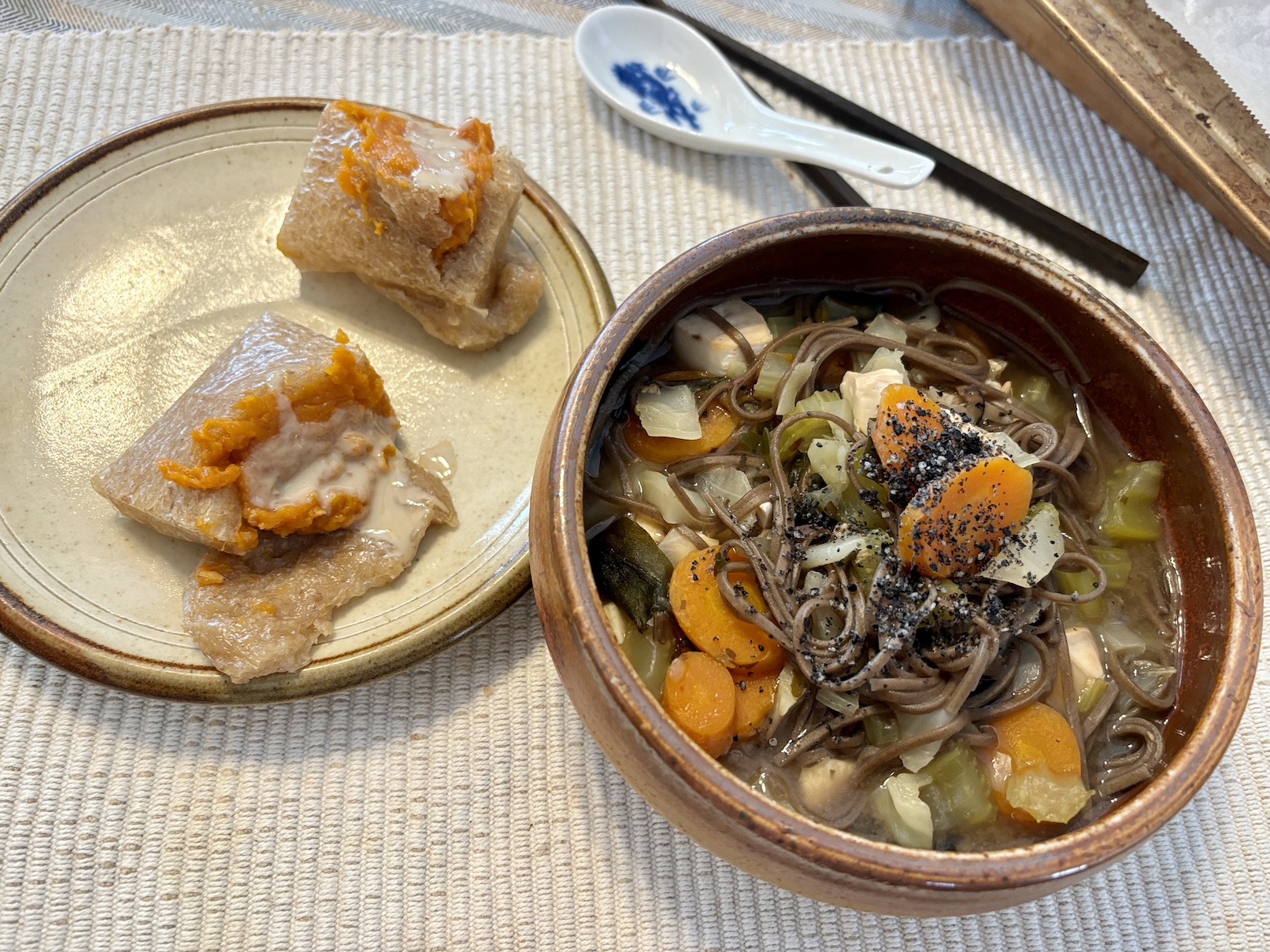 Miso Tahini Sweet Potato Stuffed Mocha & Soba Noodle Miso Veg Soup