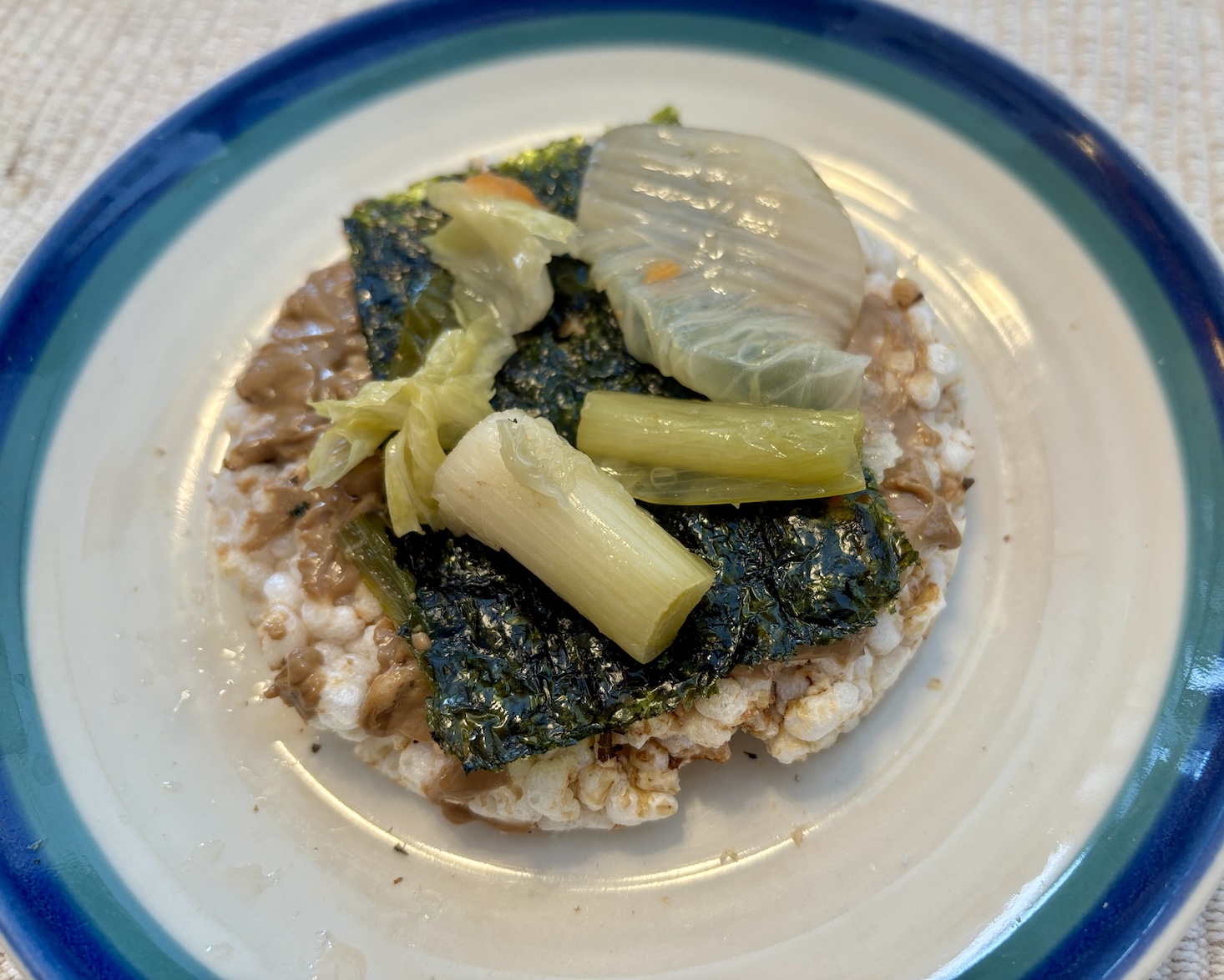 Miso Tahini Spread on Rice Cake with Kimchi