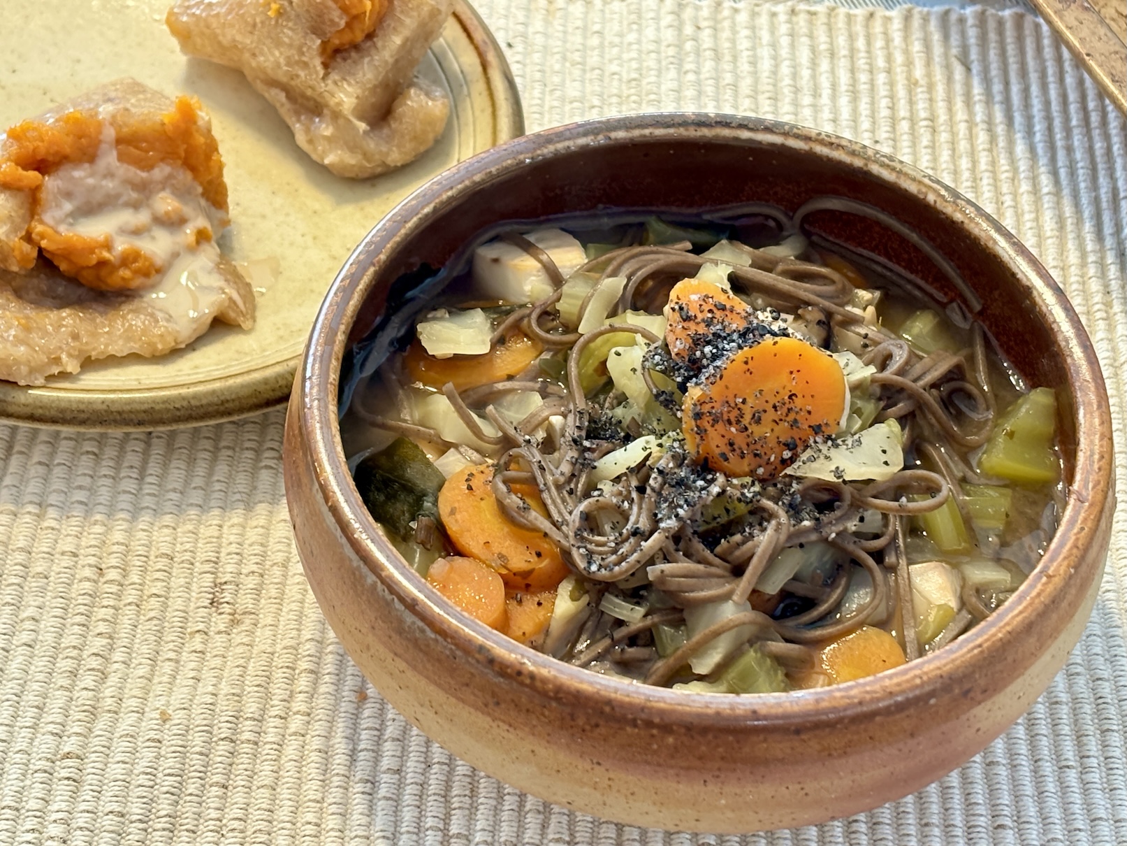 Soba Noodle Vegetable Soup with Sweet Potato Stuffed Mochi with Miso & Tahini