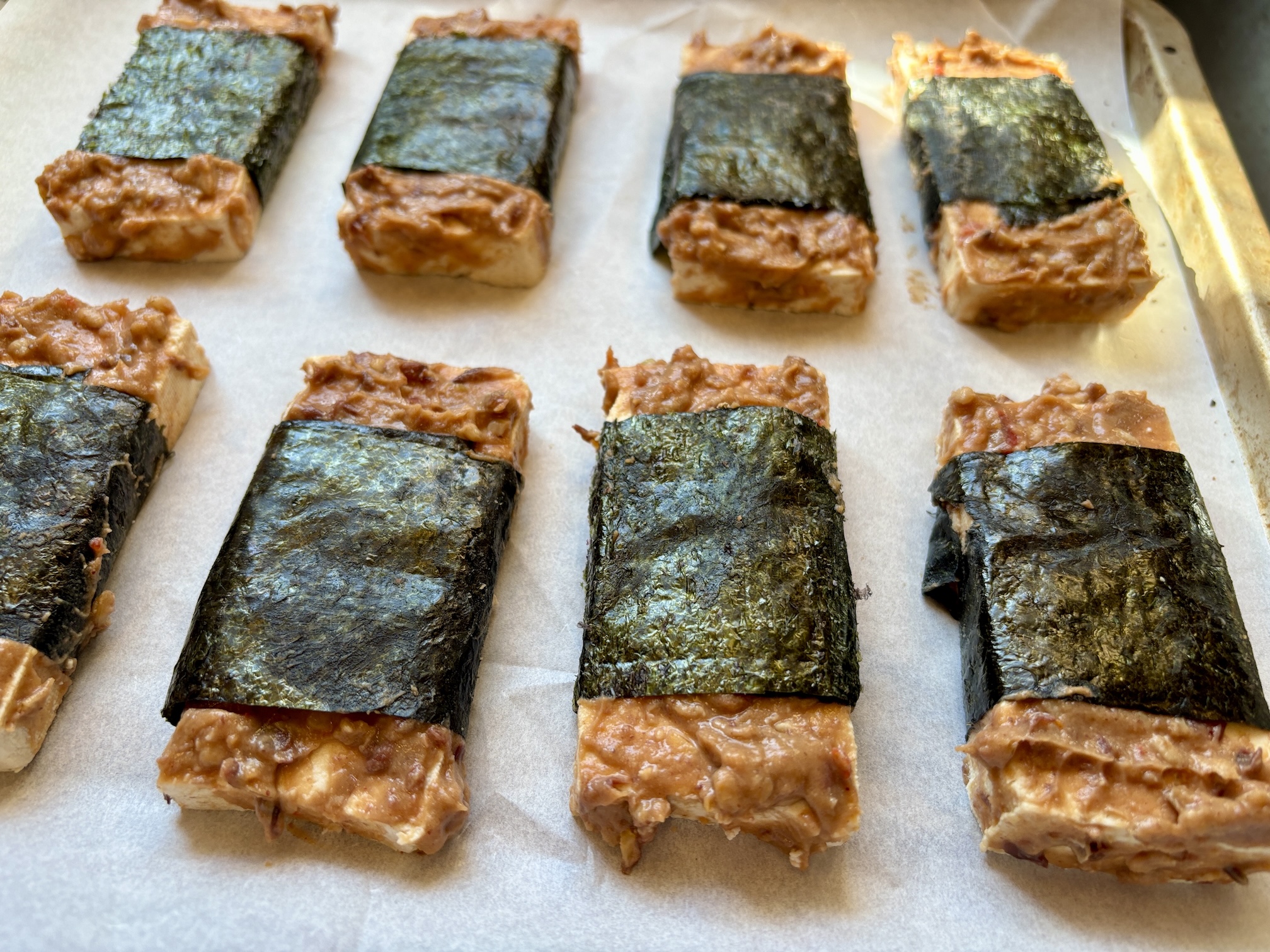 Miso Peanut Butter Baked Tofu Wrapped in Nori Miso Peanut Butter Baked Tofu Wrapped in Nori