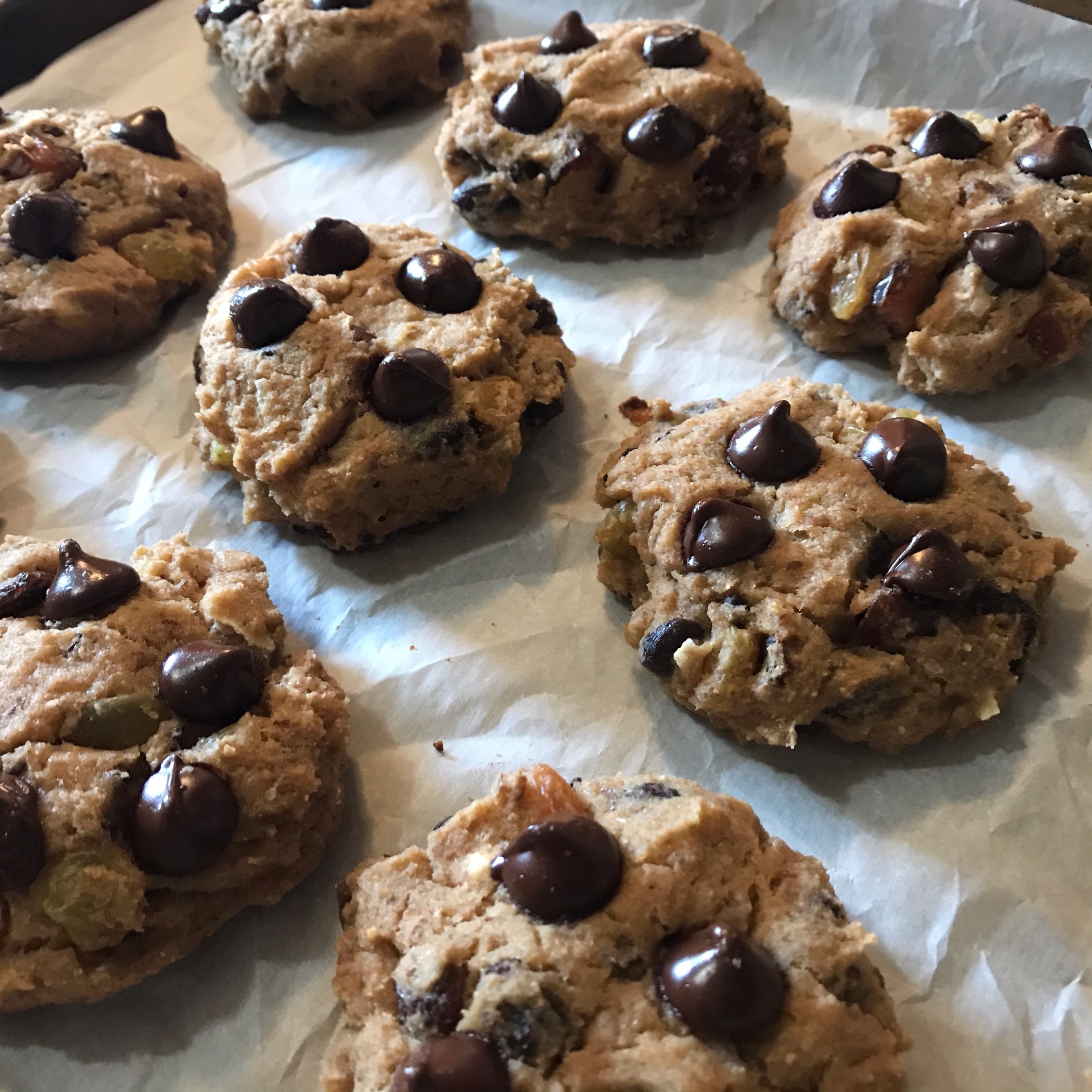 Okara Bannock Cookies with Chocolate Chips on baking tray