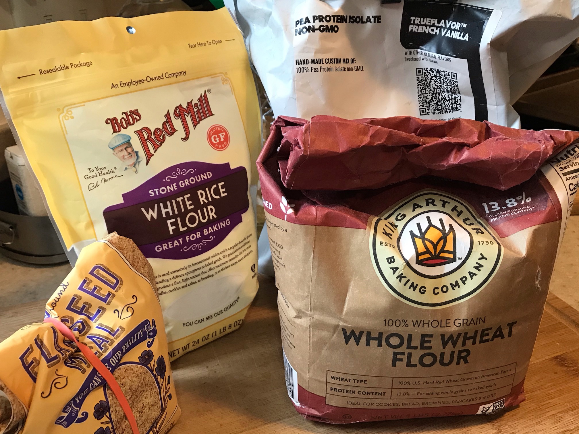 Whole wheat flour, flax and white rice flour for making Okara Bannock Cookies Whole wheat flour, flax and white rice flour for making Okara Bannock Cookies