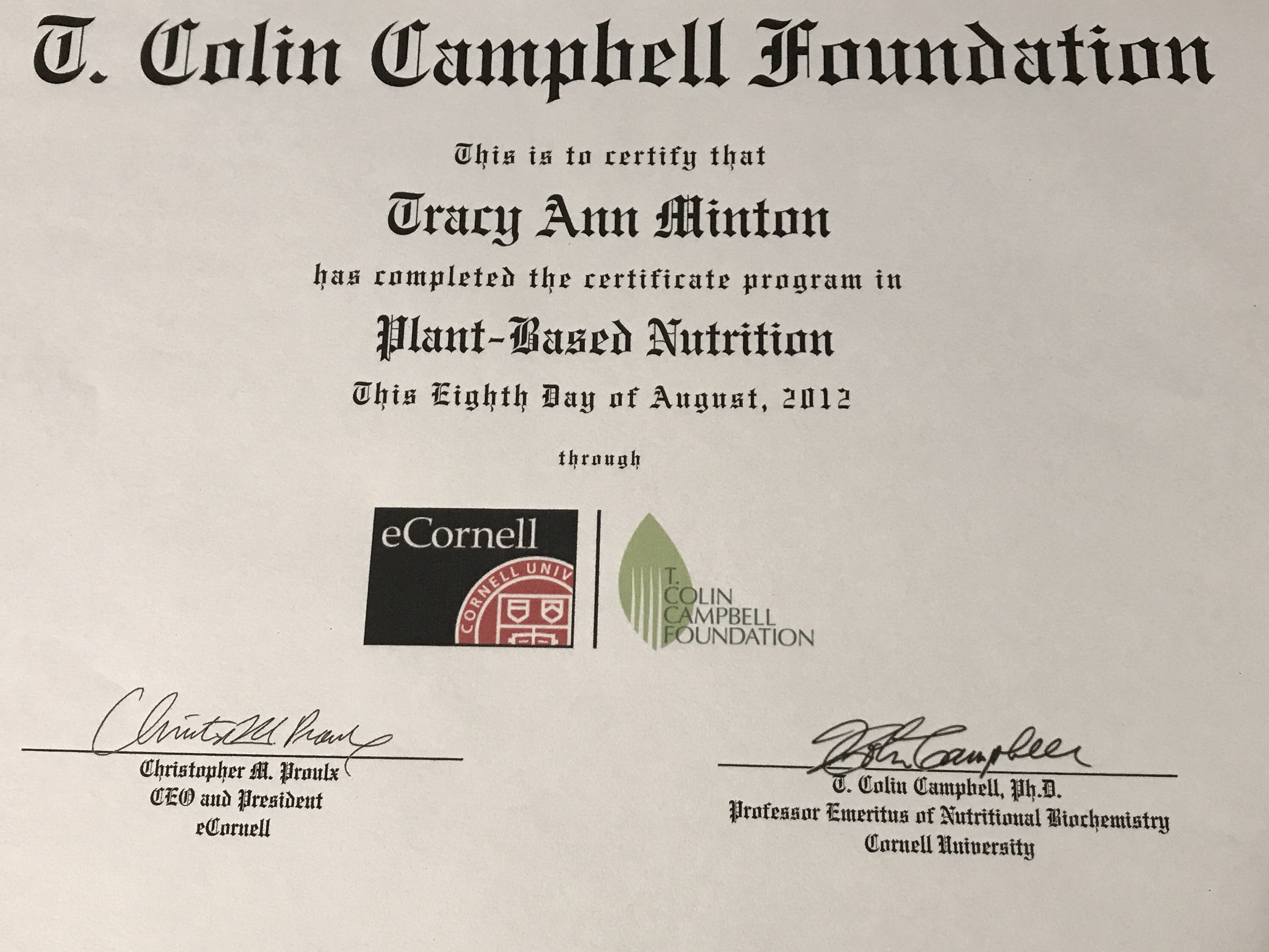 Plant-Based Nutrition Certification, 2012