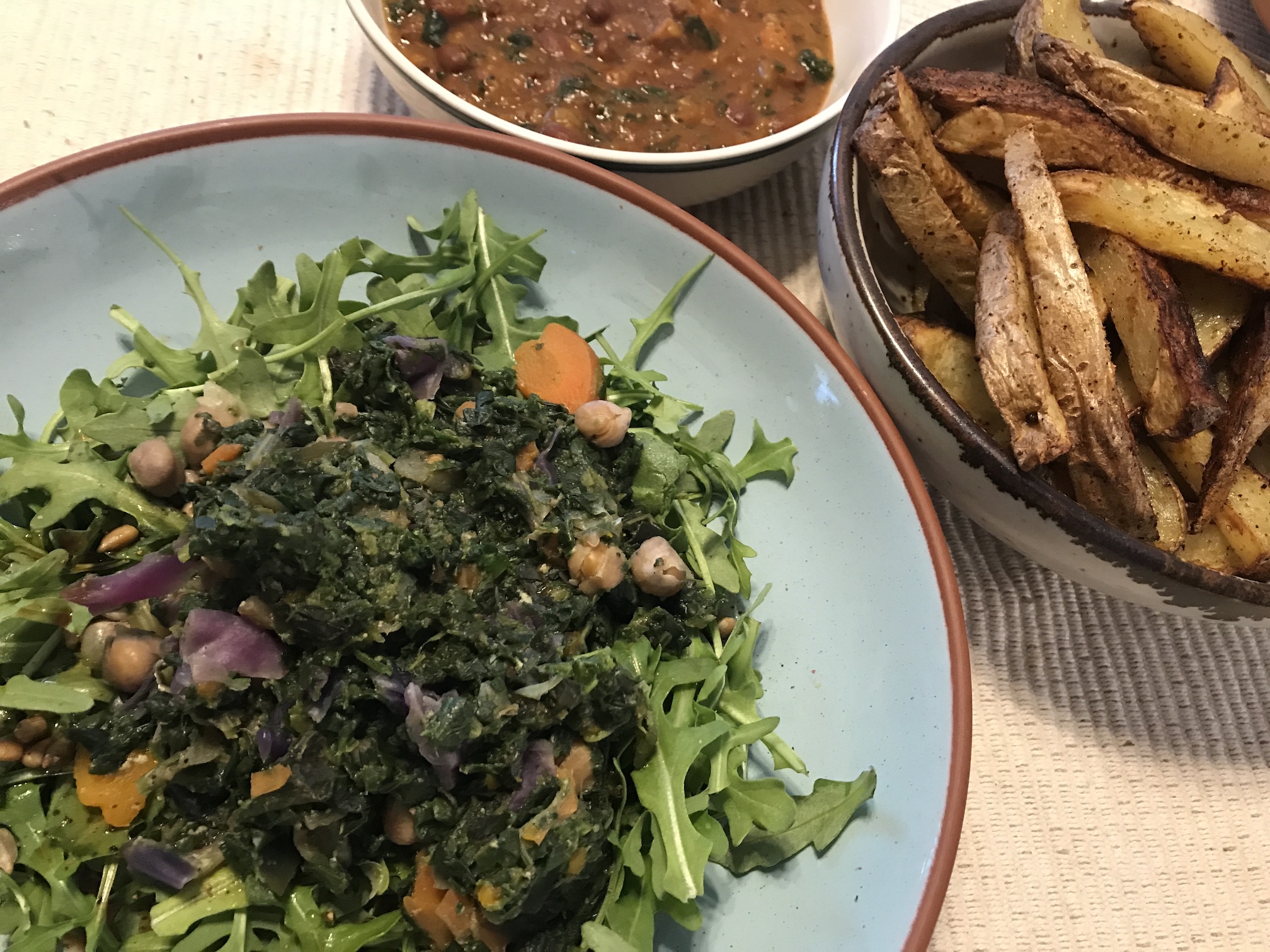 Air Fried Potatoes and Parsnips with Arugula Salad & Beans