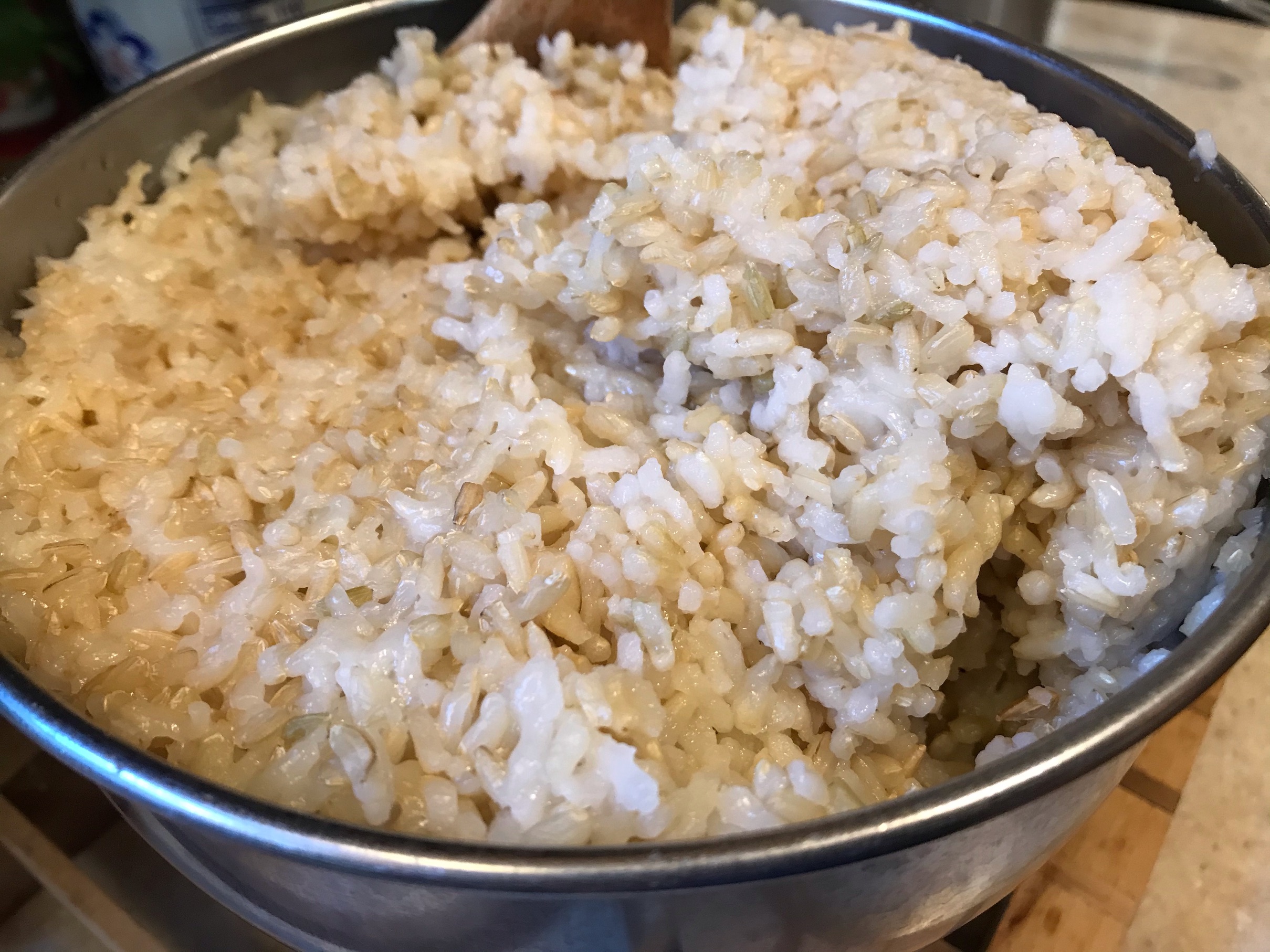 Brown Rice Cooked or Reheated in stainless bowl