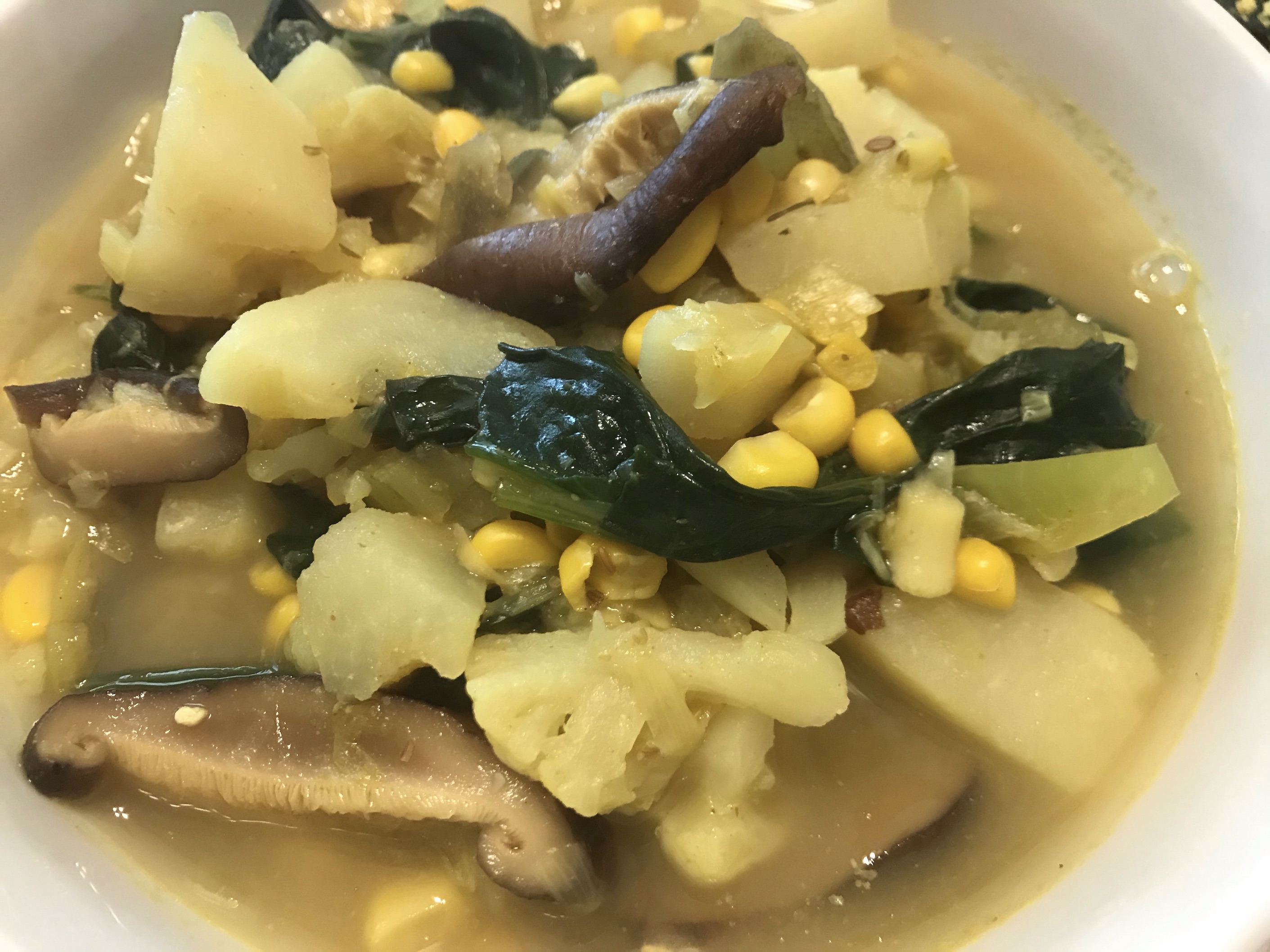 Soup in Dashi Broth with Shiitake Mushrooms, Corn, Potatoes and Miso