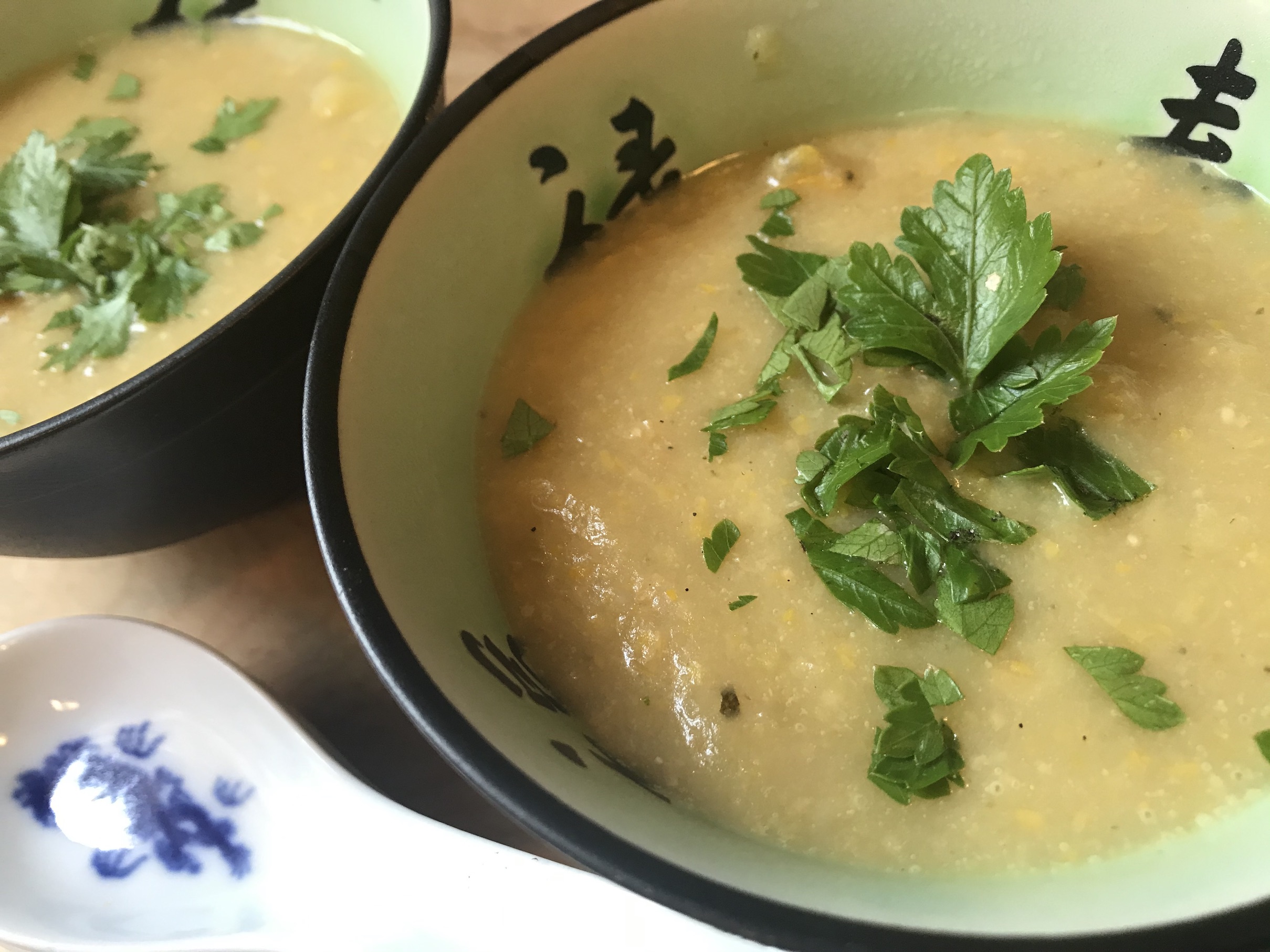 Creamy Yellow Zucchini Soup thickened with brown rice