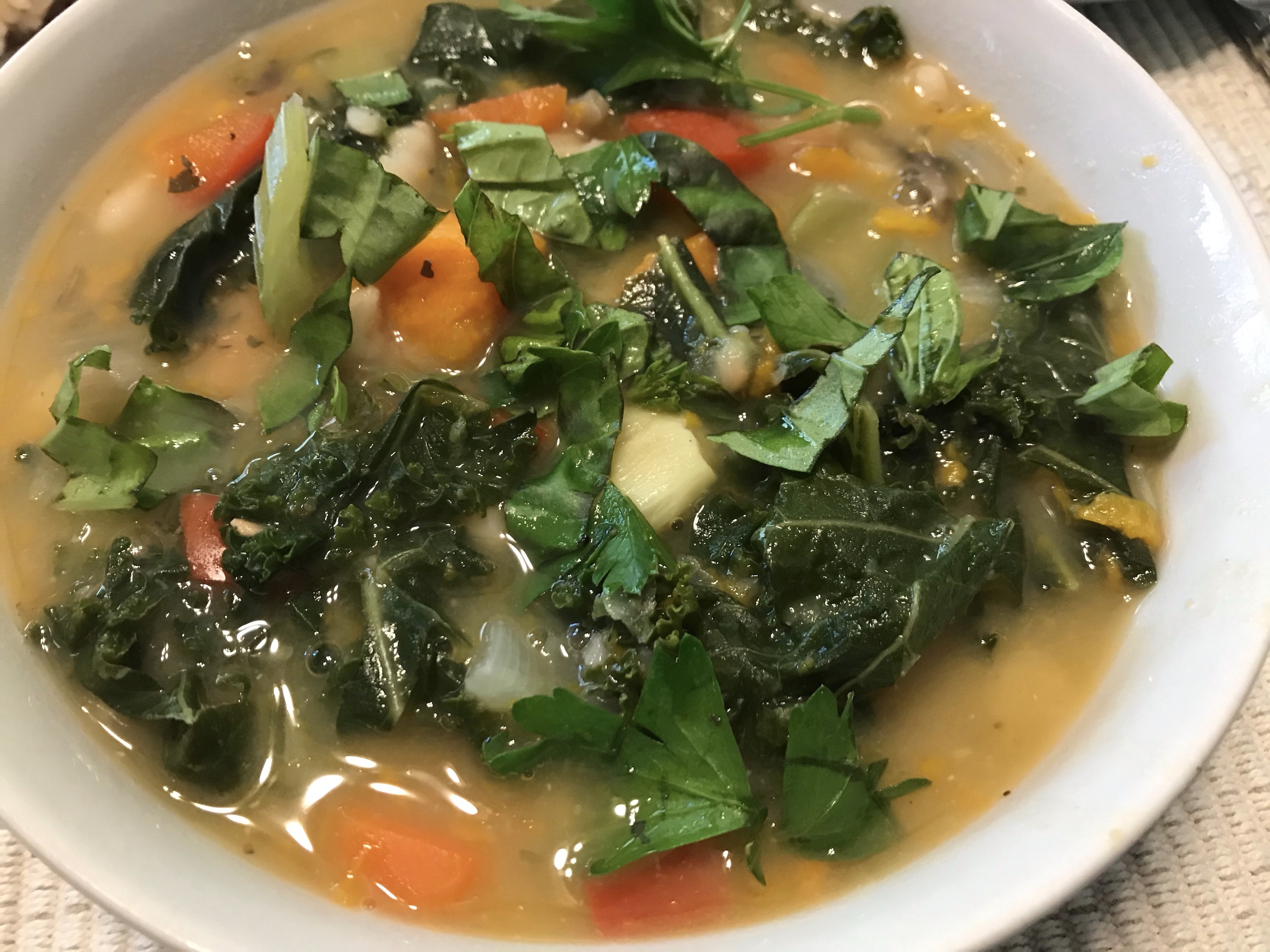 Soup, White Bean Sweet Potato and Kale 
