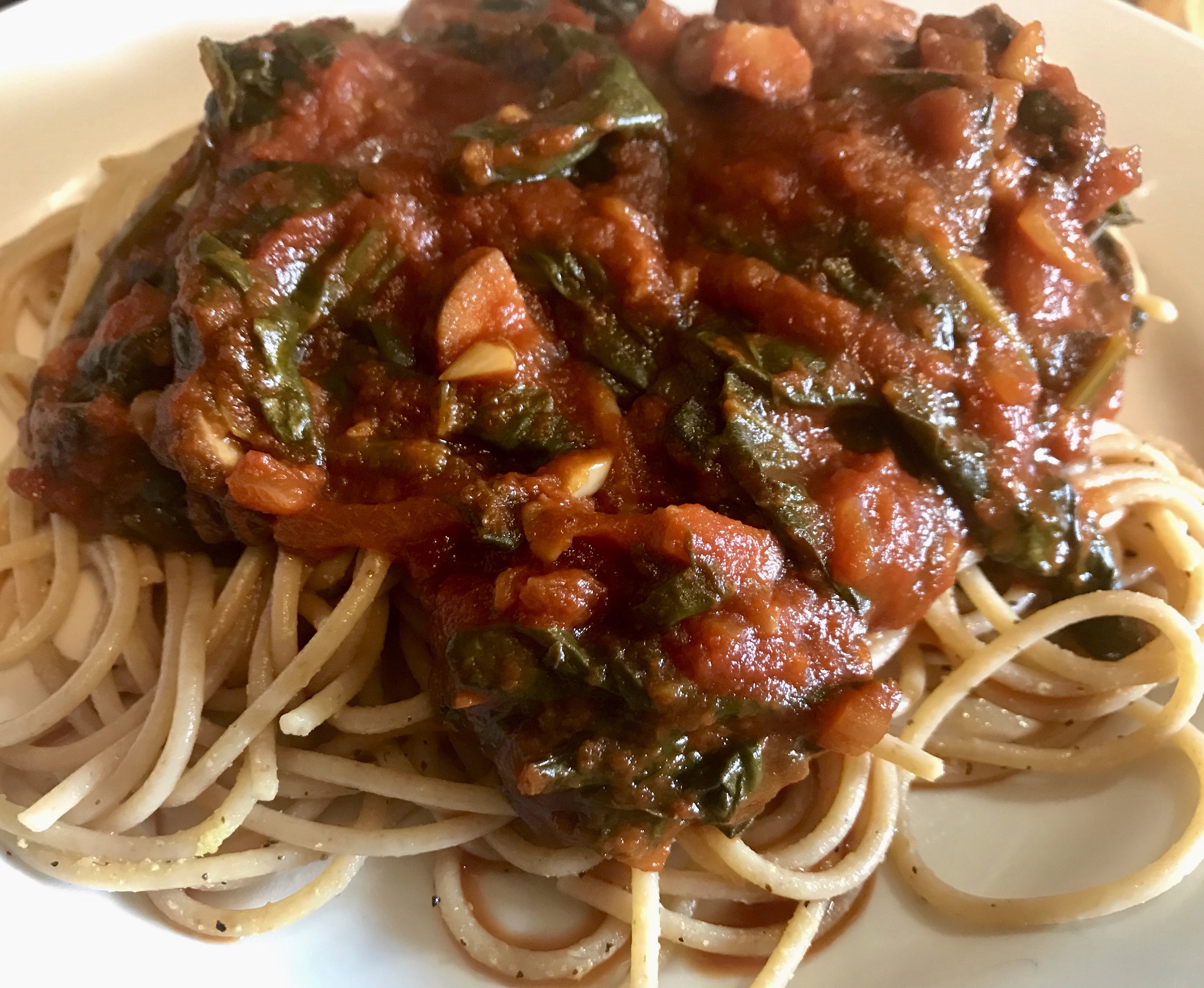 Pasta - Chickpea Spaghetti with Slightly Spicy Veggie Marinara & Collard Greens Pasta - Chickpea Spaghetti with Slightly Spicy Veggie Marinara & Collard Greens