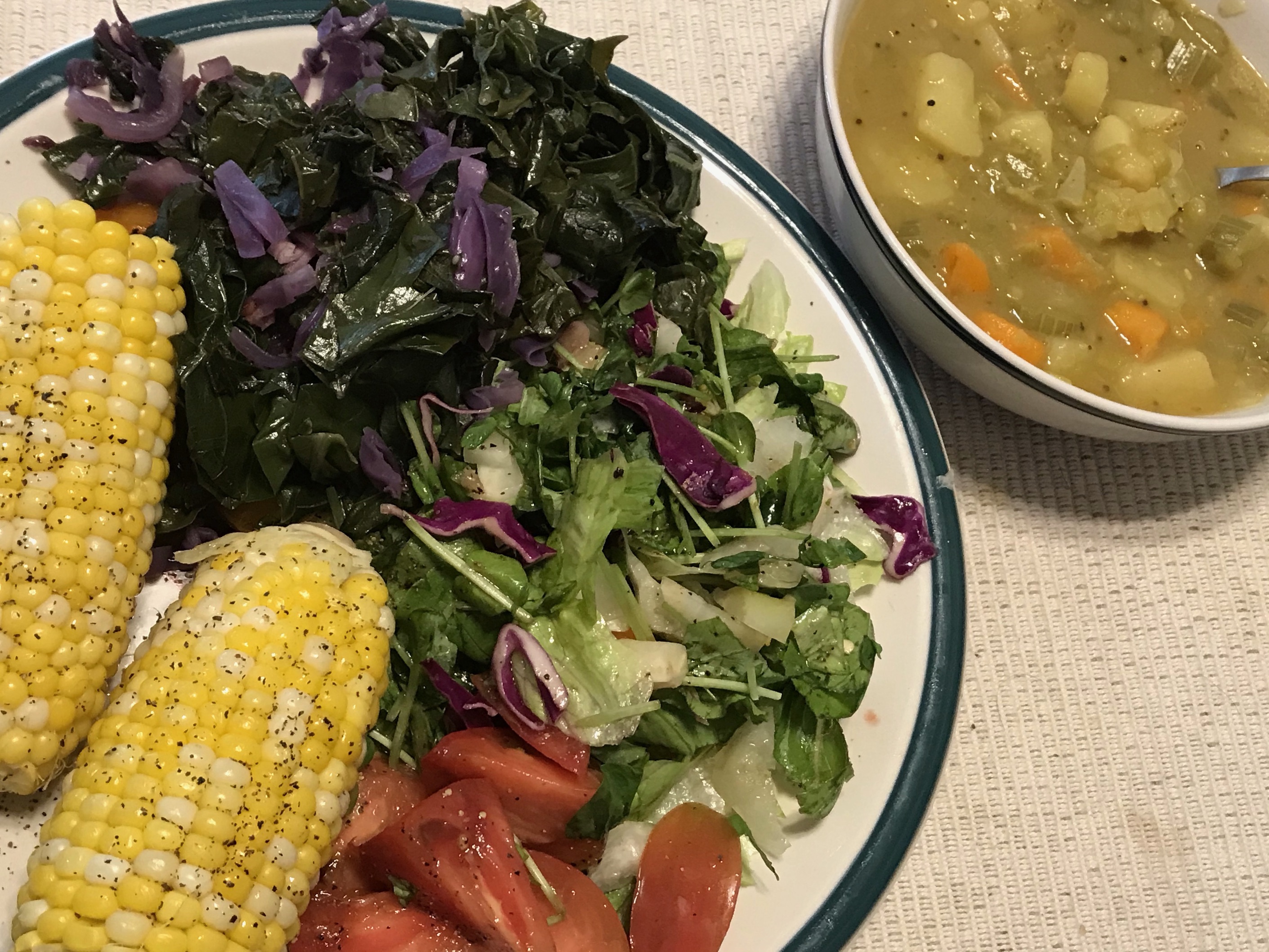 Vegan Split Pea Soup with Salad, Greens & Local Sweet Corn-On-The-Cob Vegan Split Pea Soup with Salad, Greens & Local Sweet Corn-On-The-Cob