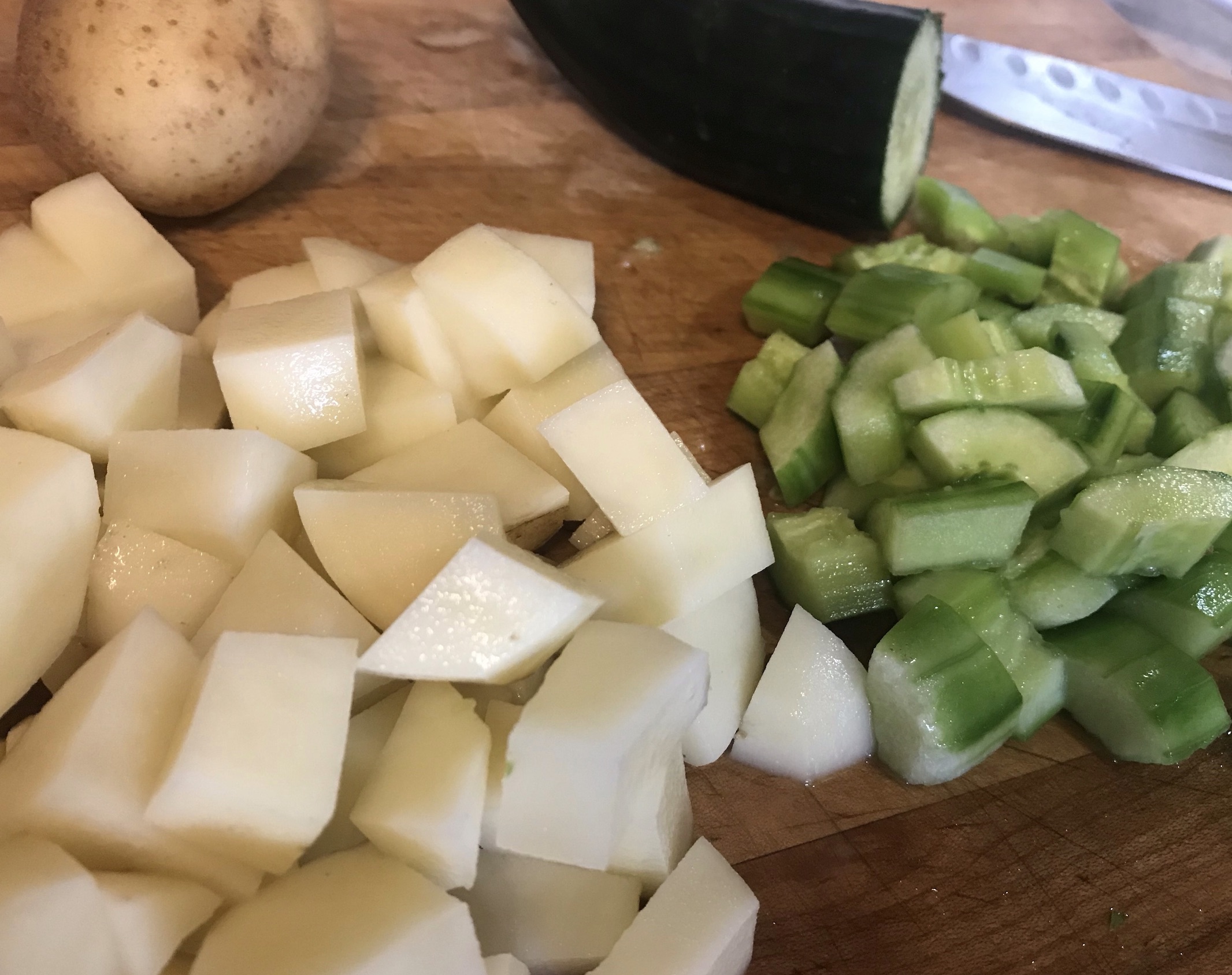 Potato & Cucumber chopped ingredients for Vegan Split Pea Soup