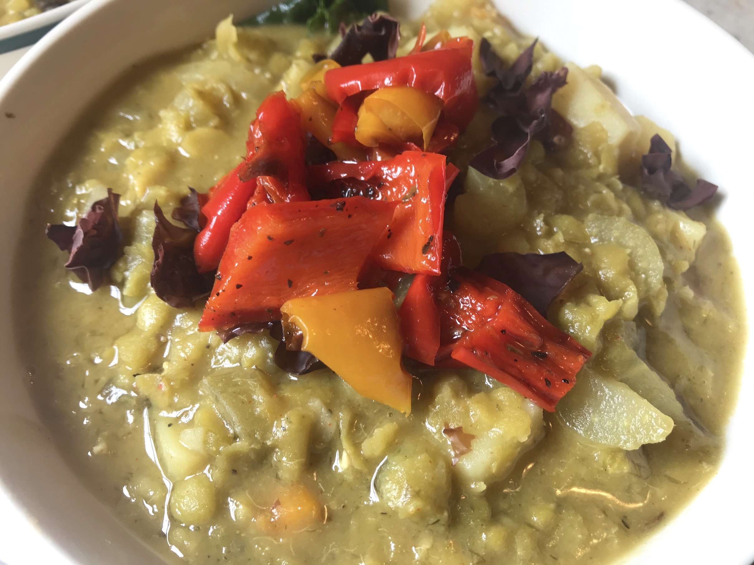 Vegan Split Pea Soup topped with Roasted Peppers & Dulse Seaweed for a smoky flavor