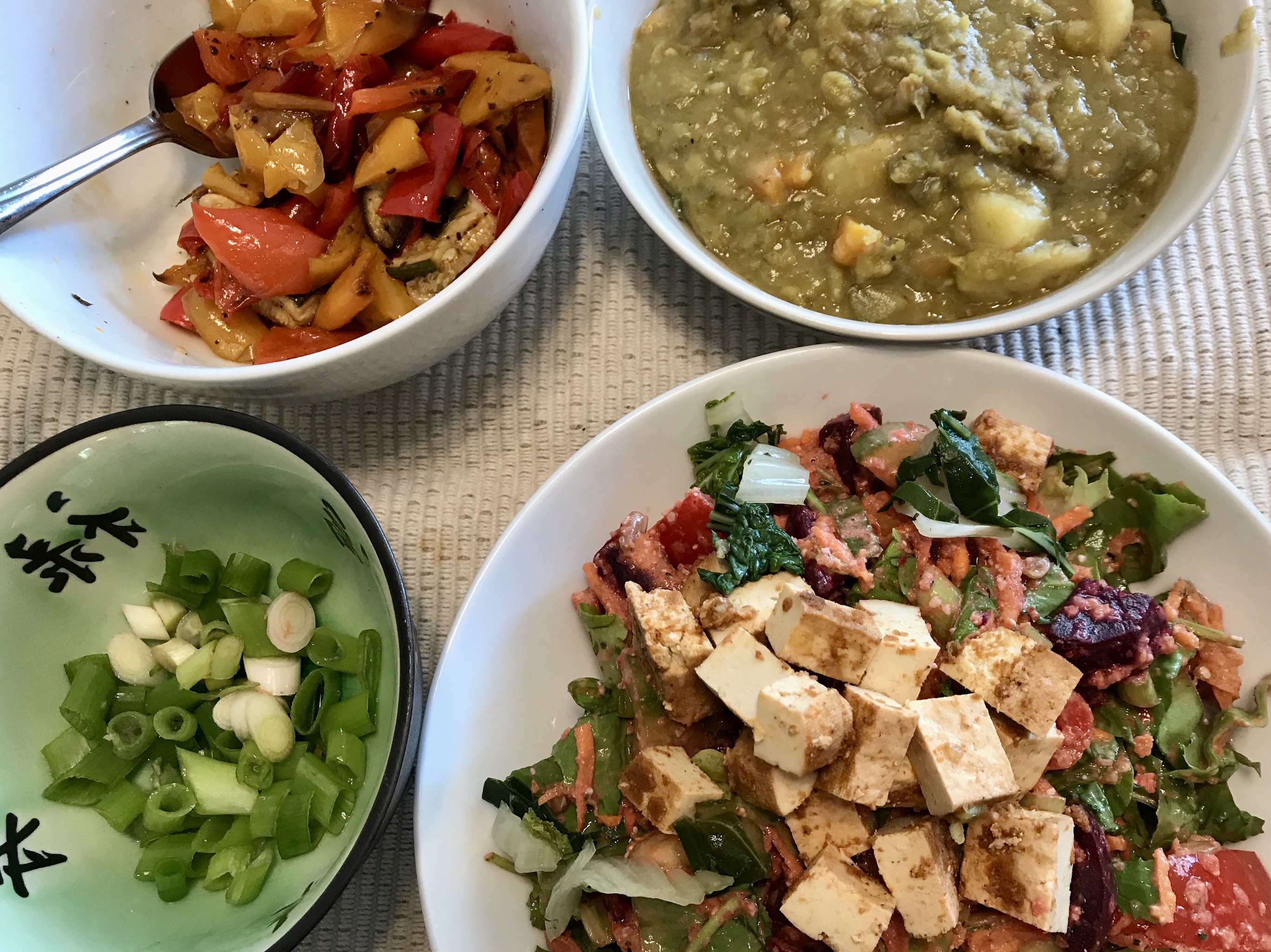 Vegan Split Pea Soup with Tofu, Salad & Roasted Peppers