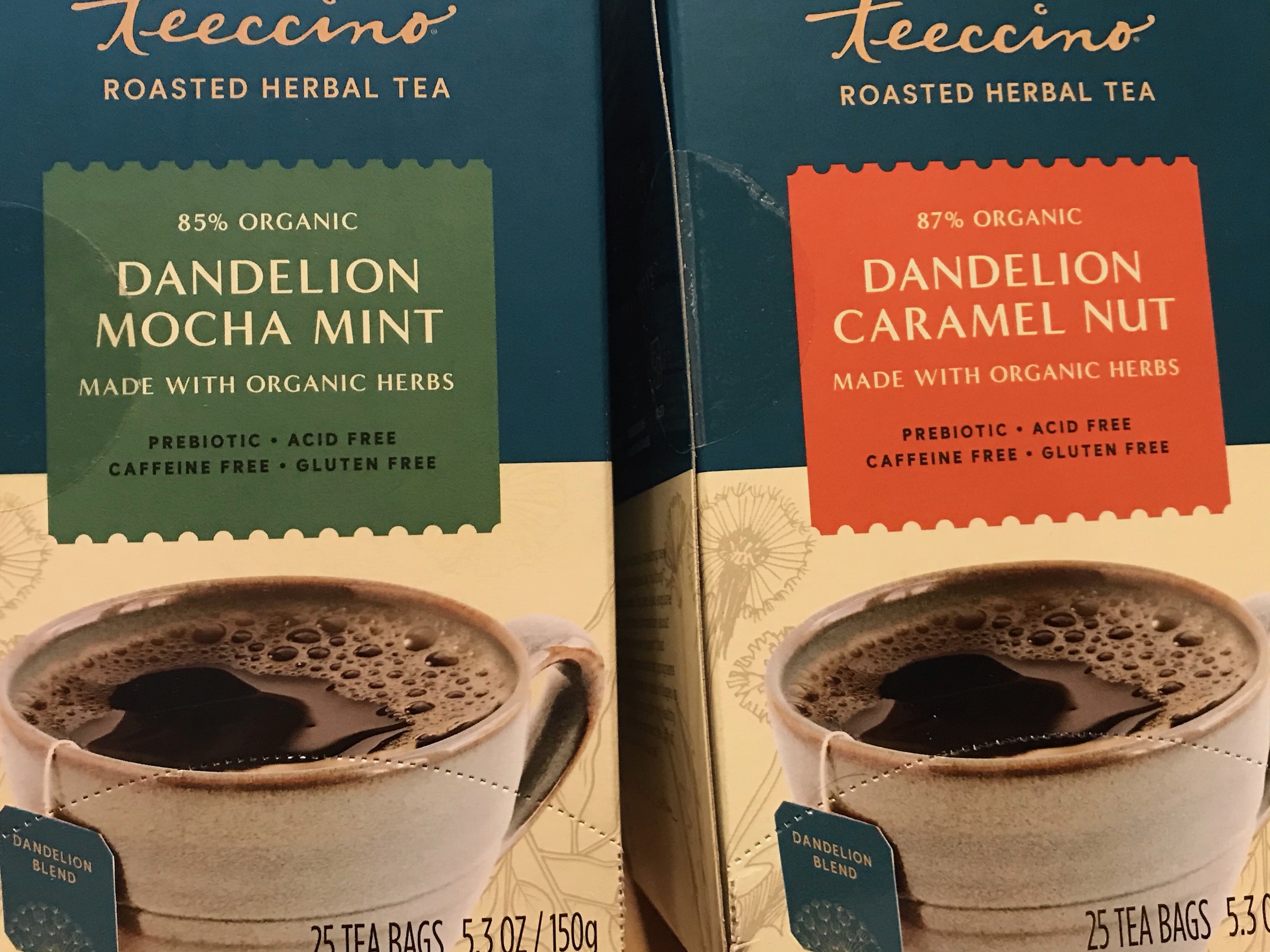 Teeccino Dandelion Mocha Mint and Caramel Tea flavors