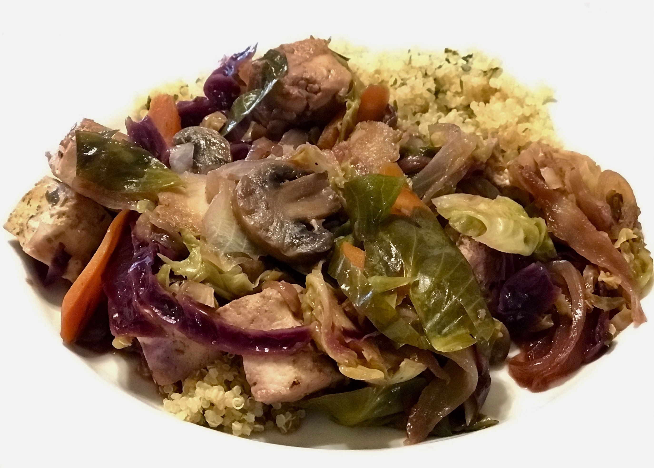 Tofu Braised in Plum Sauce with Brussels Sprouts & Quinoa