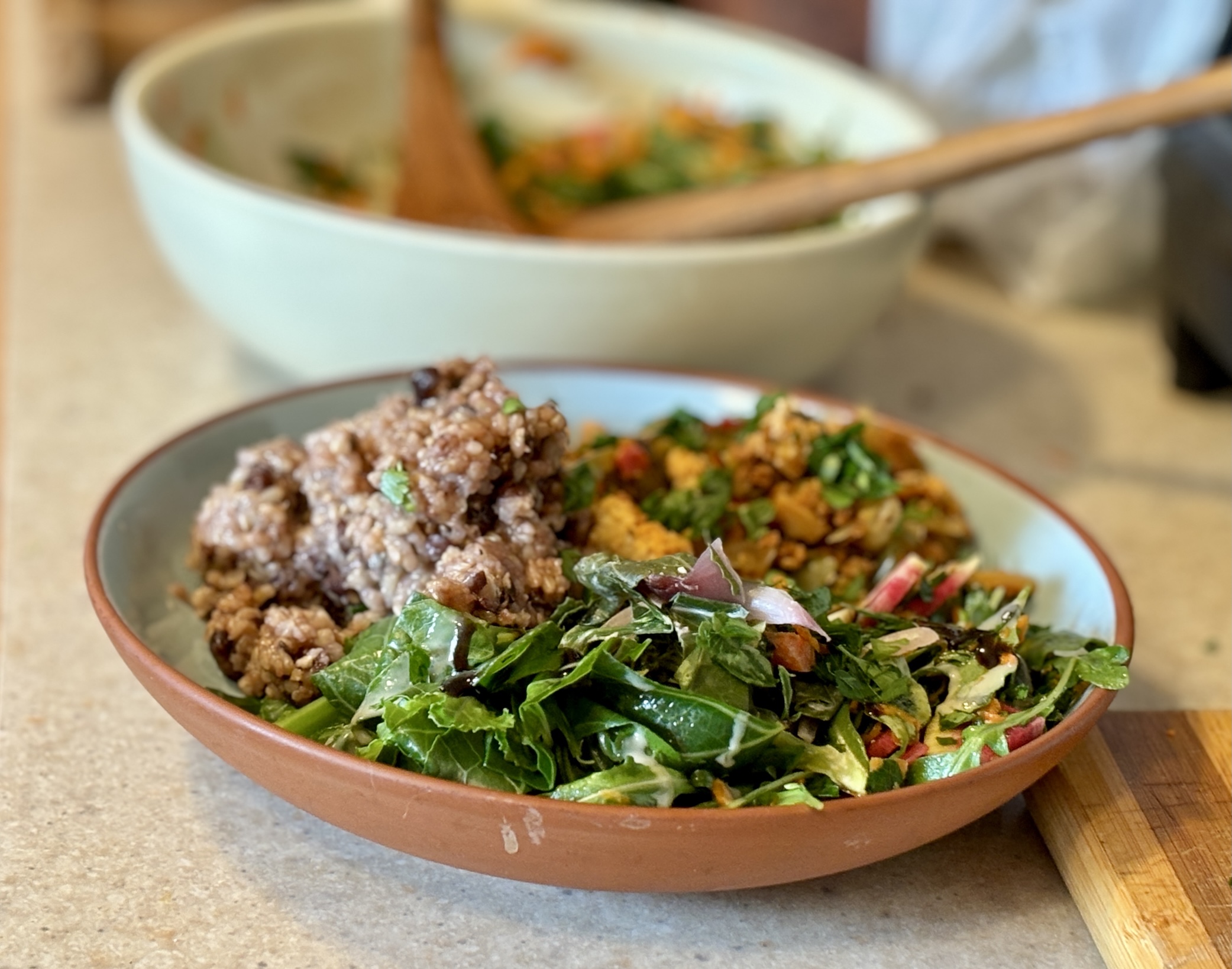 Easy Baked Tofu Scramble with Soy Chorizo, Brown Rice with Adzuki Beans, Collards & Arugula Salad2