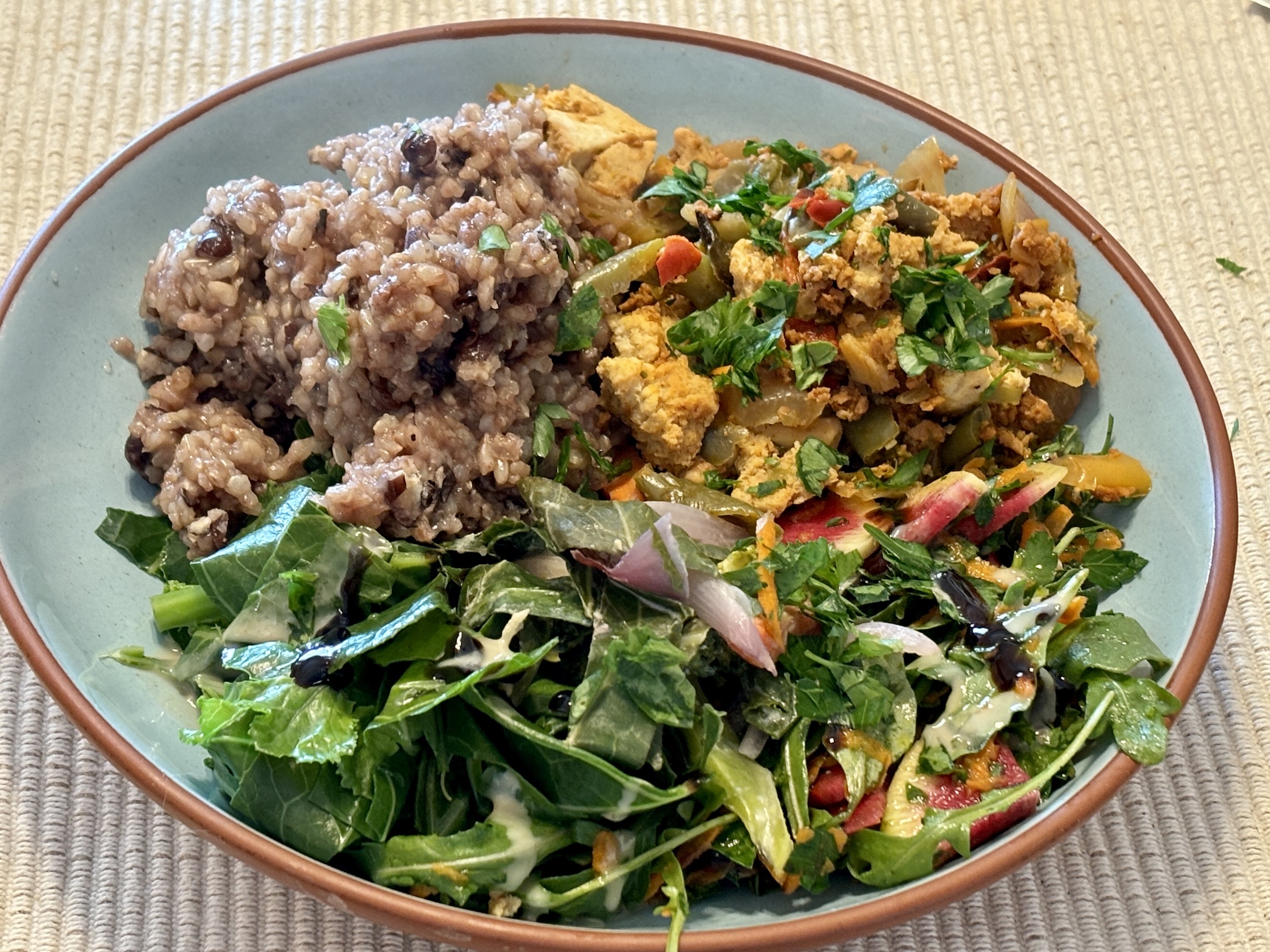 Mexican Style Tofu Scramble with Soy Chorizo, Brown Rice with Adzuki Beans, Steamed Collard Greens & Arugula & Radish Salad