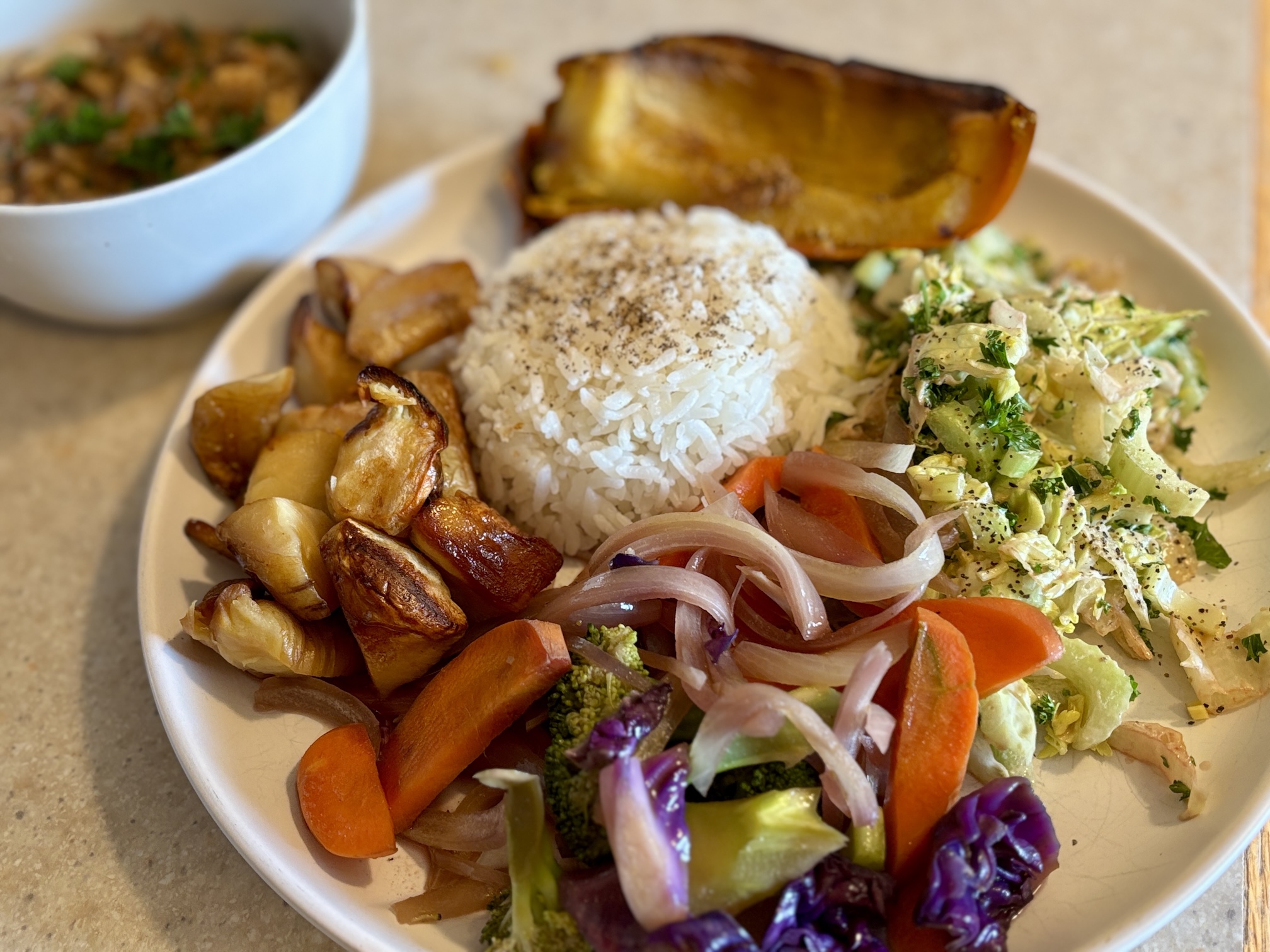Macrobiotic Meal with Brown Rice, Squash, Roasted Parsnips & Vegetables Macrobiotic Meal with Brown Rice, Squash, Roasted Parsnips & Vegetables