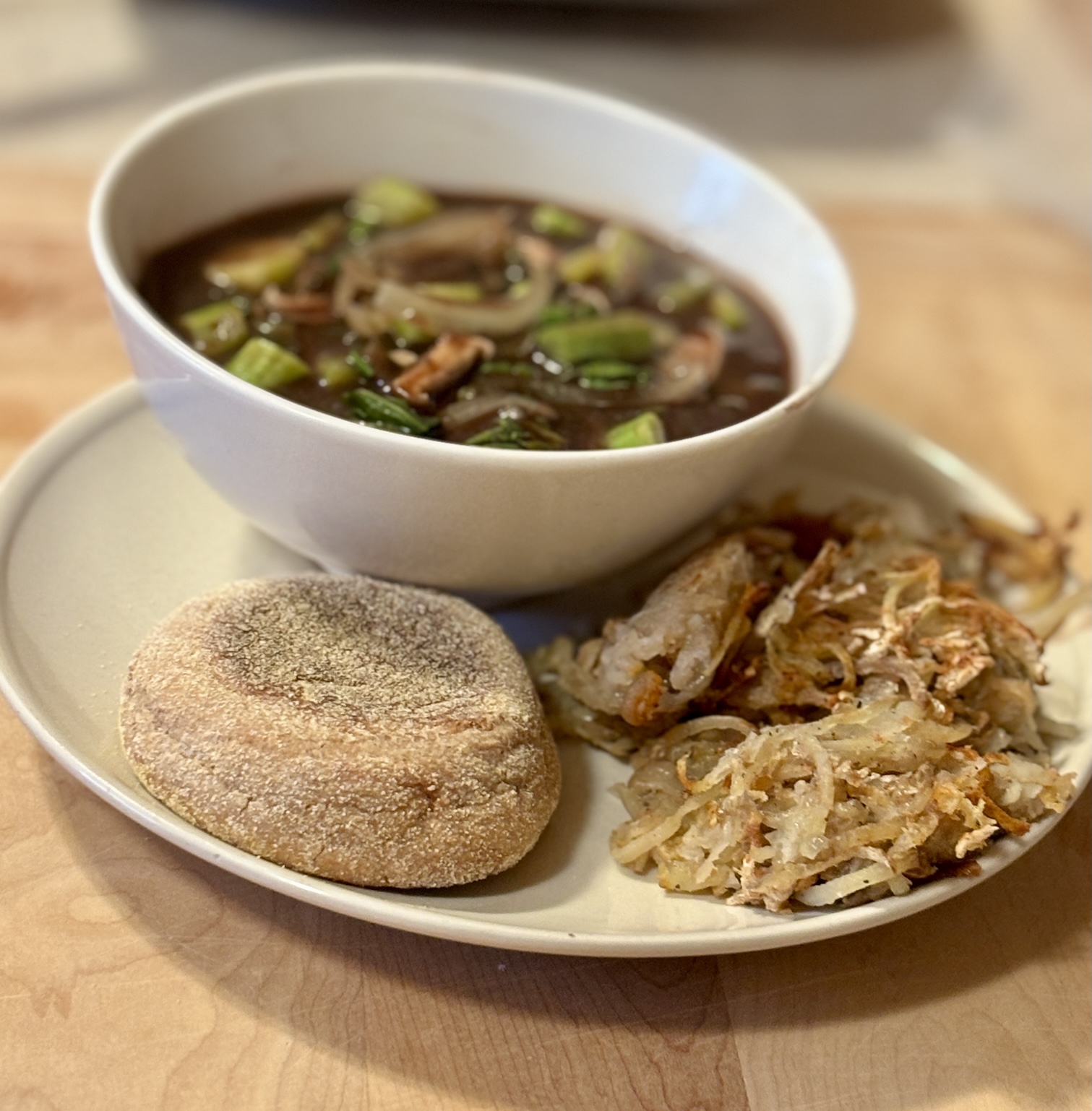 Vegan Breakfast Meal of Special Soup with Hash Browns & Whole Wheat English Muffin Vegan Breakfast Meal of Special Soup with Hash Browns & Whole Wheat English Muffin