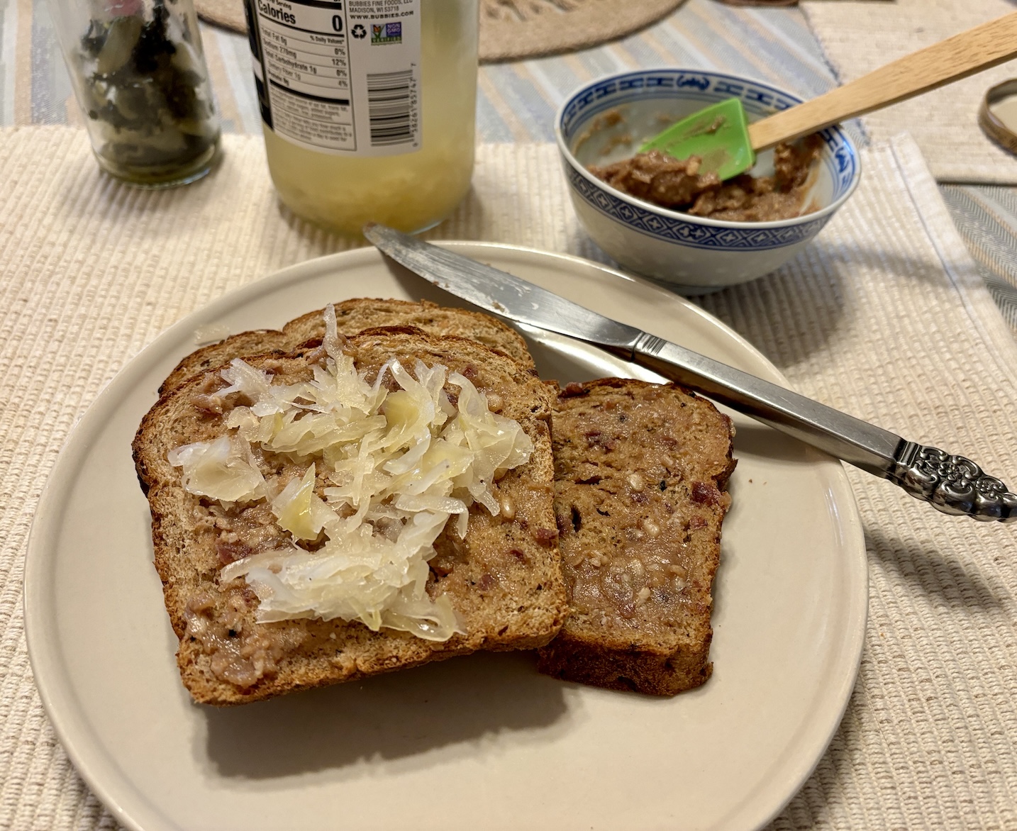 Miso Tahini Spread on fresh baked wholegrain bread with Bubbie's Sauerkraut Miso Tahini Spread on fresh baked wholegrain bread with Bubbie's Sauerkraut
