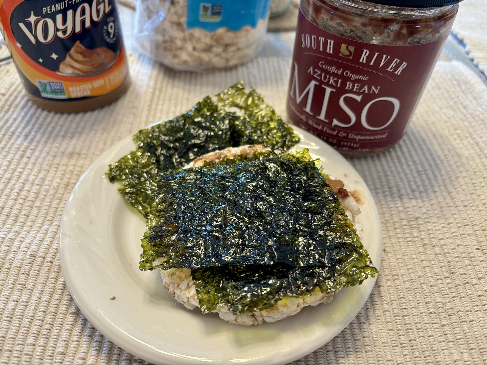 Miso Tahini Spread on Rice Cake with Roasted Nori