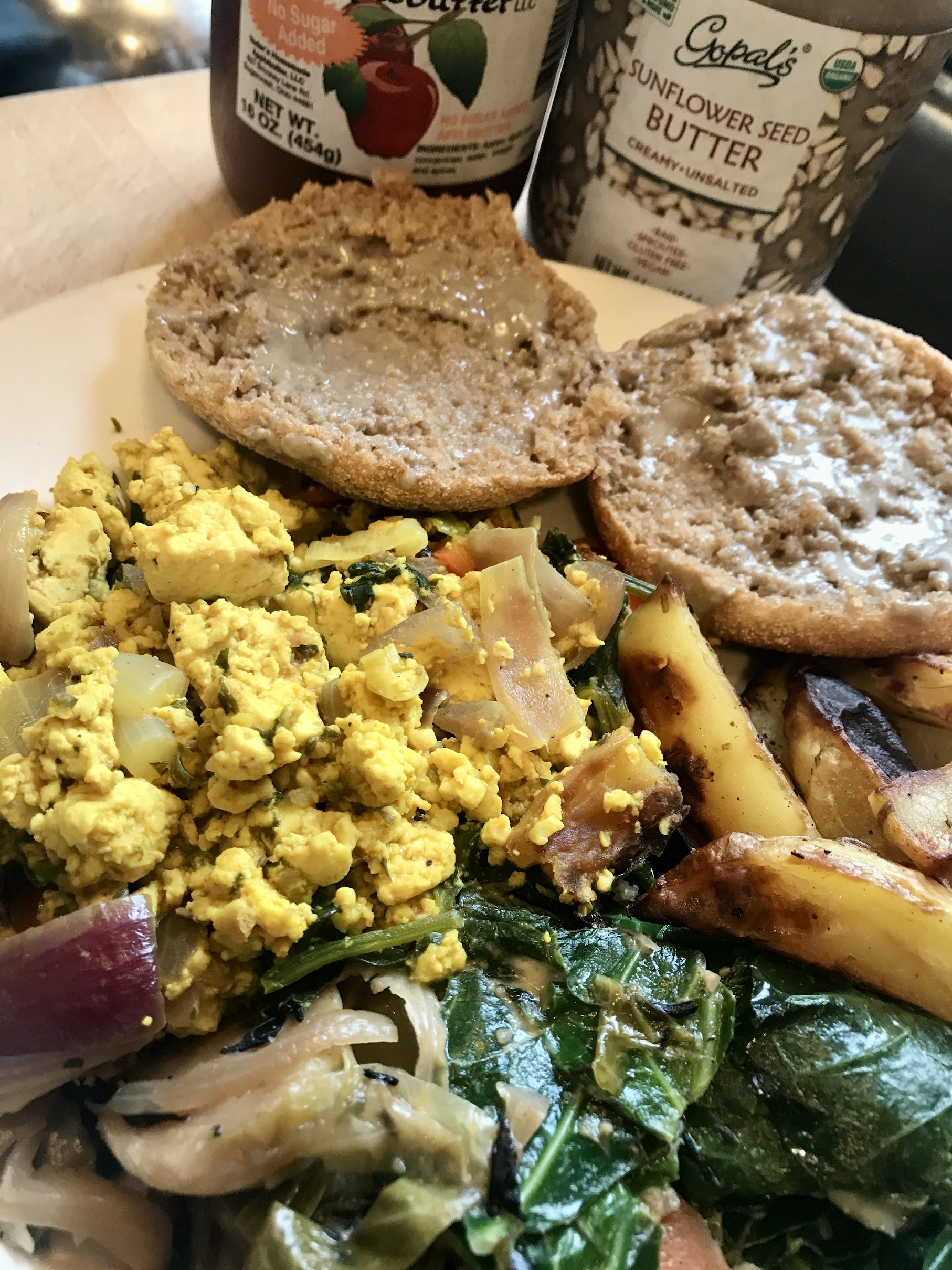 Tofu Scramble with Greens, Air Fried Potatoes & TJ's Whole Wheat English Muffin