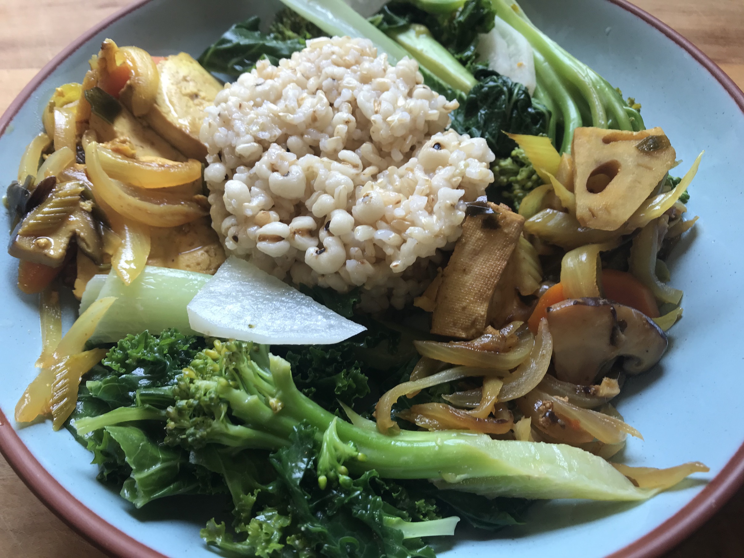Macrobiotic Meal Brown Rice Cooked with Hatomugi, Sweet Sour Tofu, Vegetables w/ Lotus Root