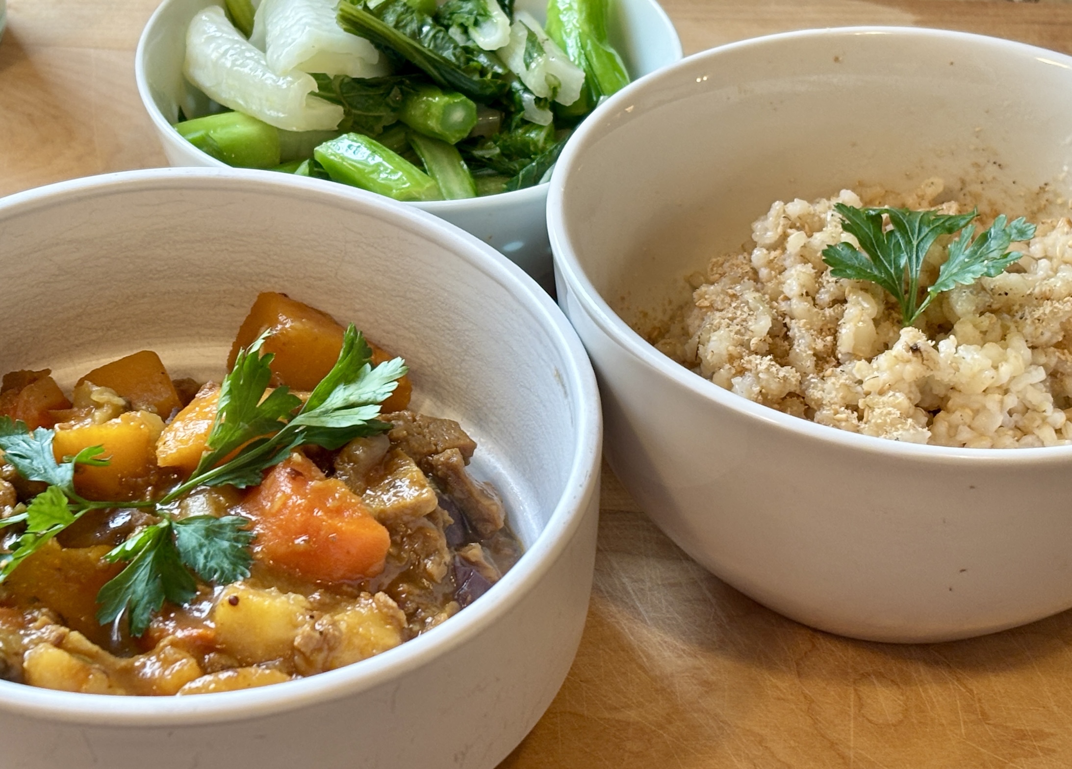 Macrobiotic Meal with Tempeh Stew, Rice & Greens