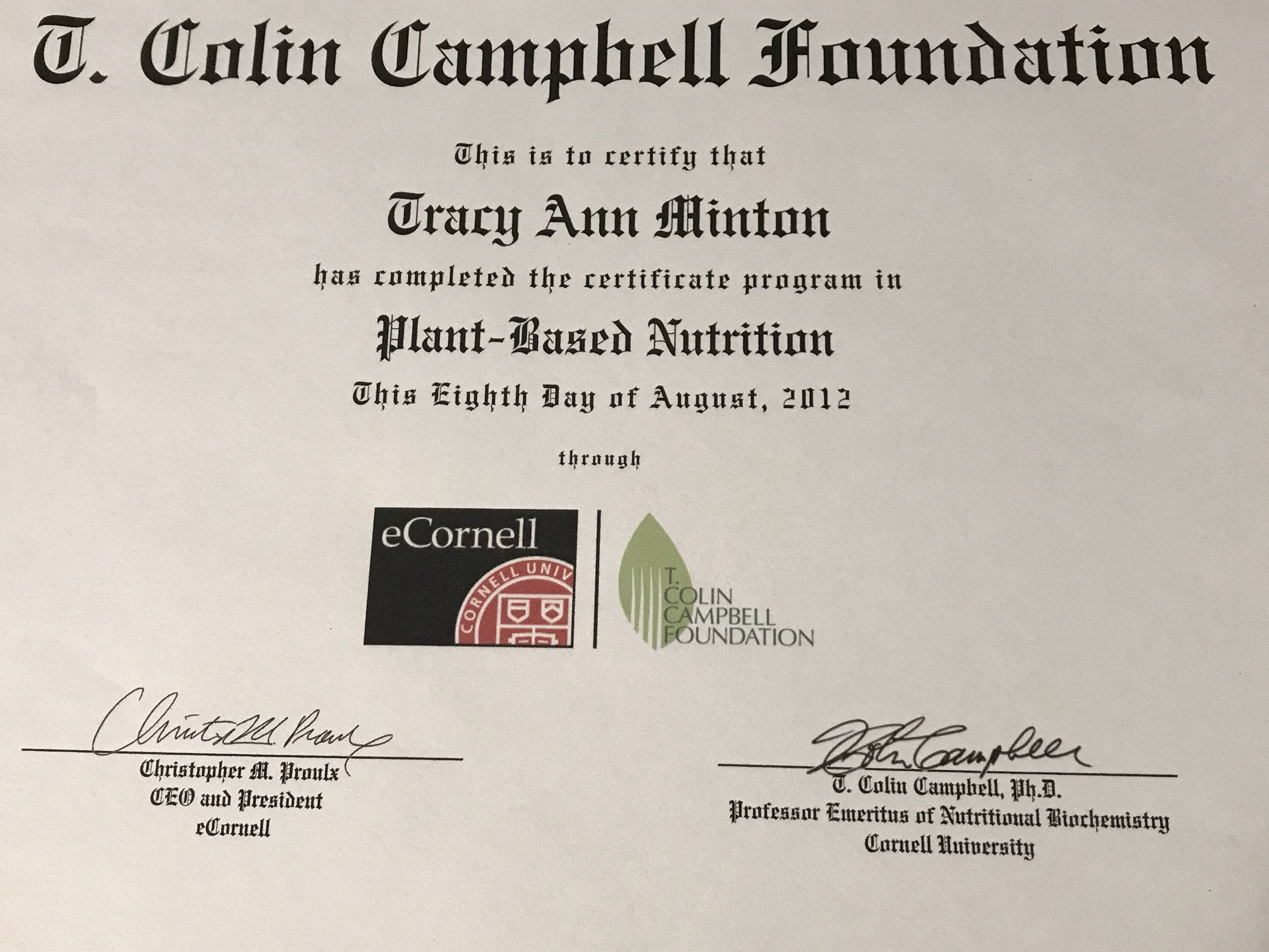Plant-Based Nutrition Certification, 2012