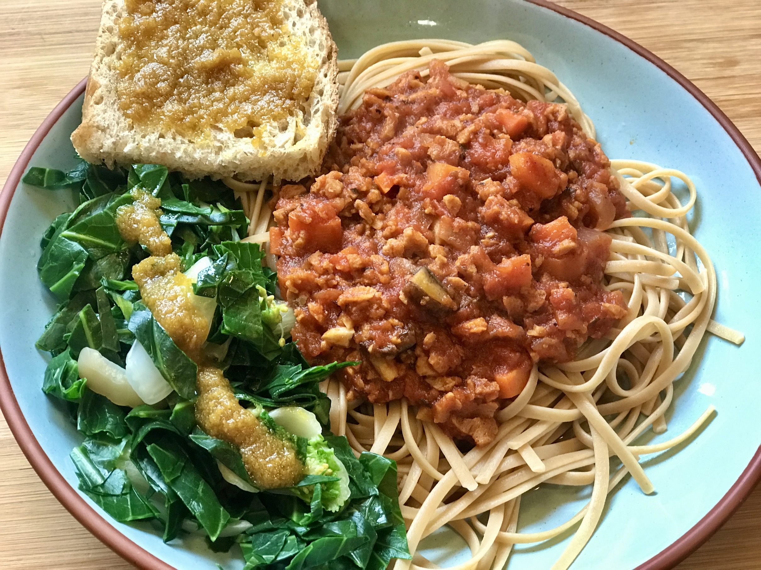 Linguini with Veggie-Rich Marinara Sauce, Collard Greens and Fresh Baked Bread with XVOO & Nutritional Yeast